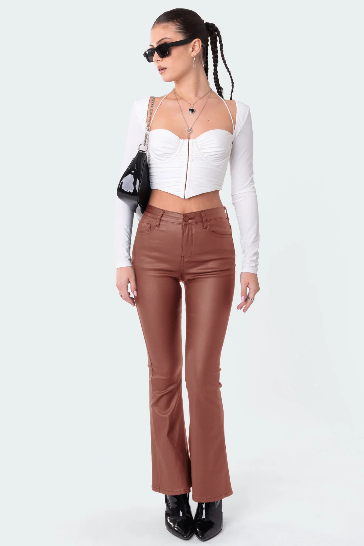 Petite Luna Faux Leather Mid Rise Flared Jeans - Image 5
