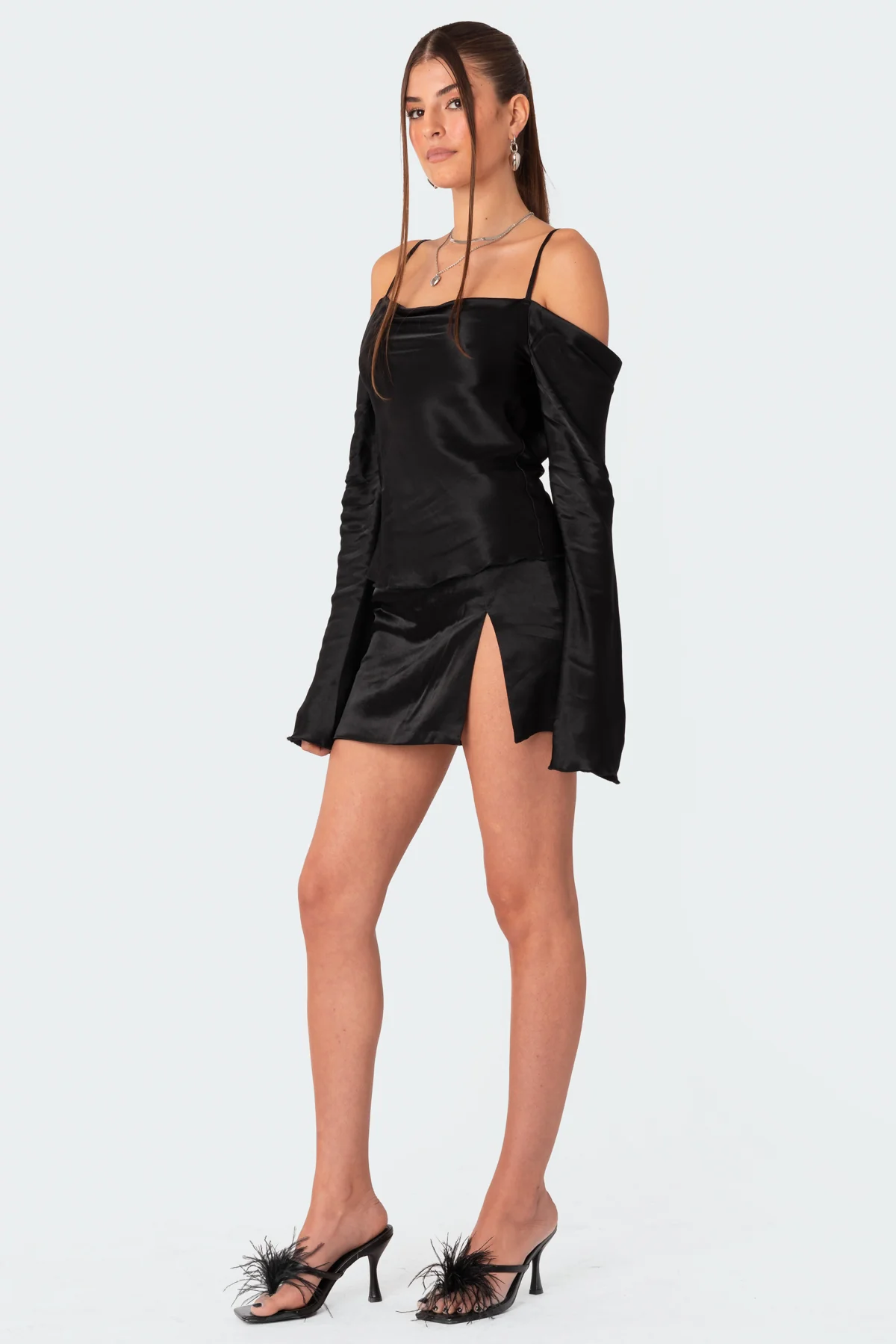 Adria Satin Effect Low Rise Slitted Mini Skirt - Image 3