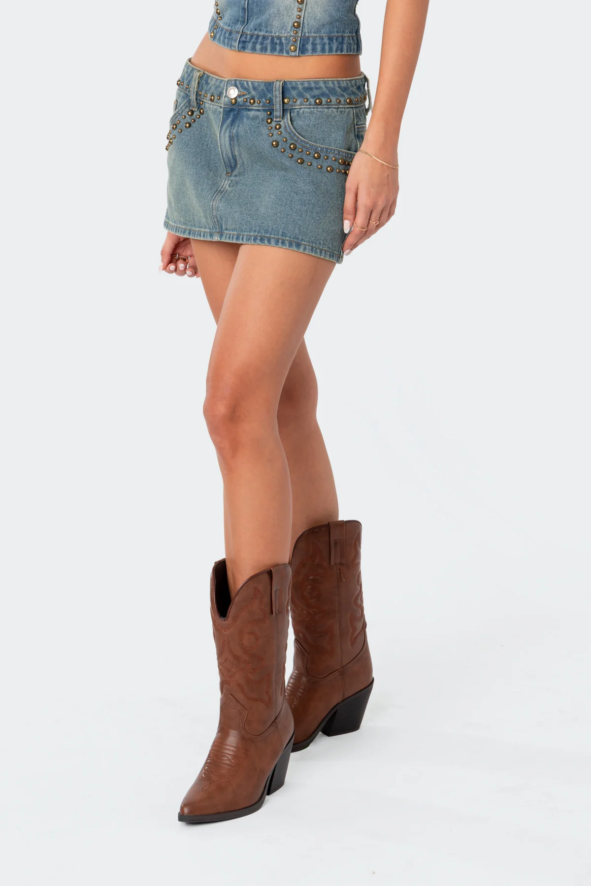 Studded Low Rise Washed Denim Mini Skirt - Image 3