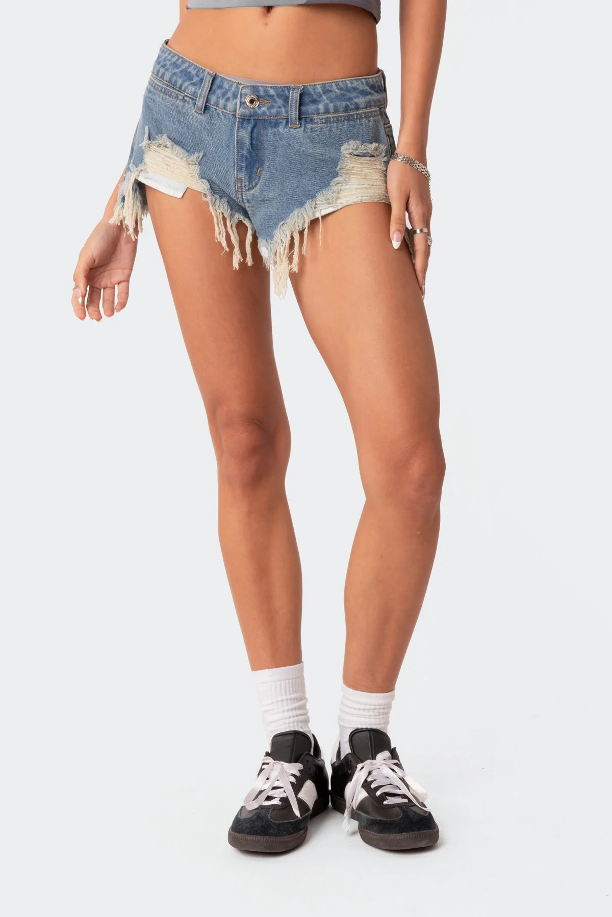 Low Rise Distressed Micro Denim Shorts - Image 2