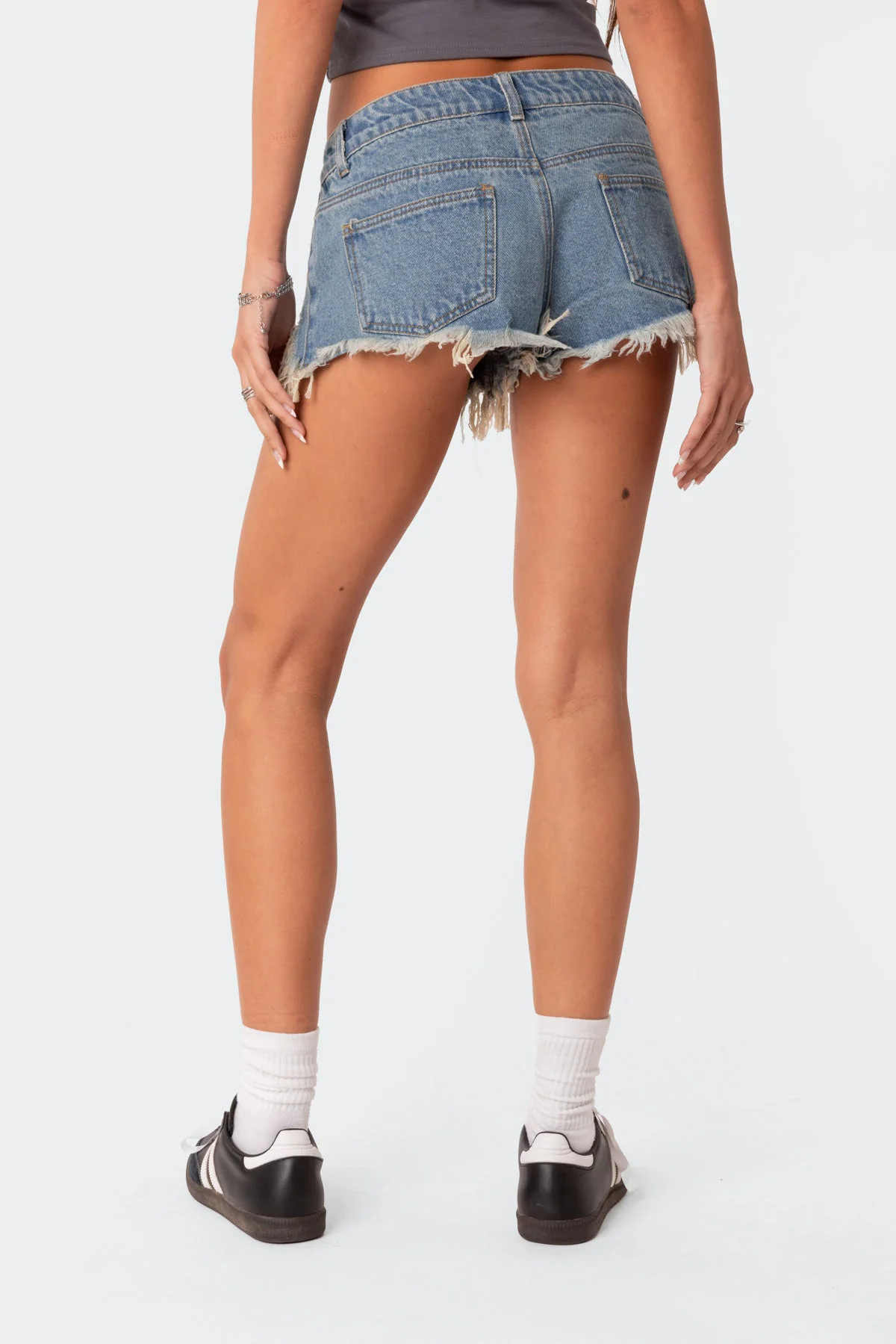Low Rise Distressed Micro Denim Shorts - Image 4