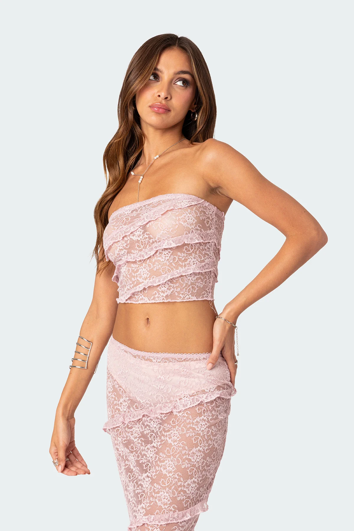 Myra Sheer Lace Ruffle Tube Top - Image 3