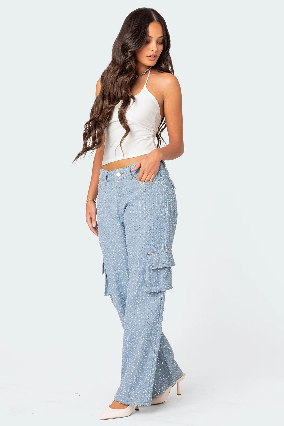 Icing Sequin Low Rise Baggy Cargo Jeans - Image 5