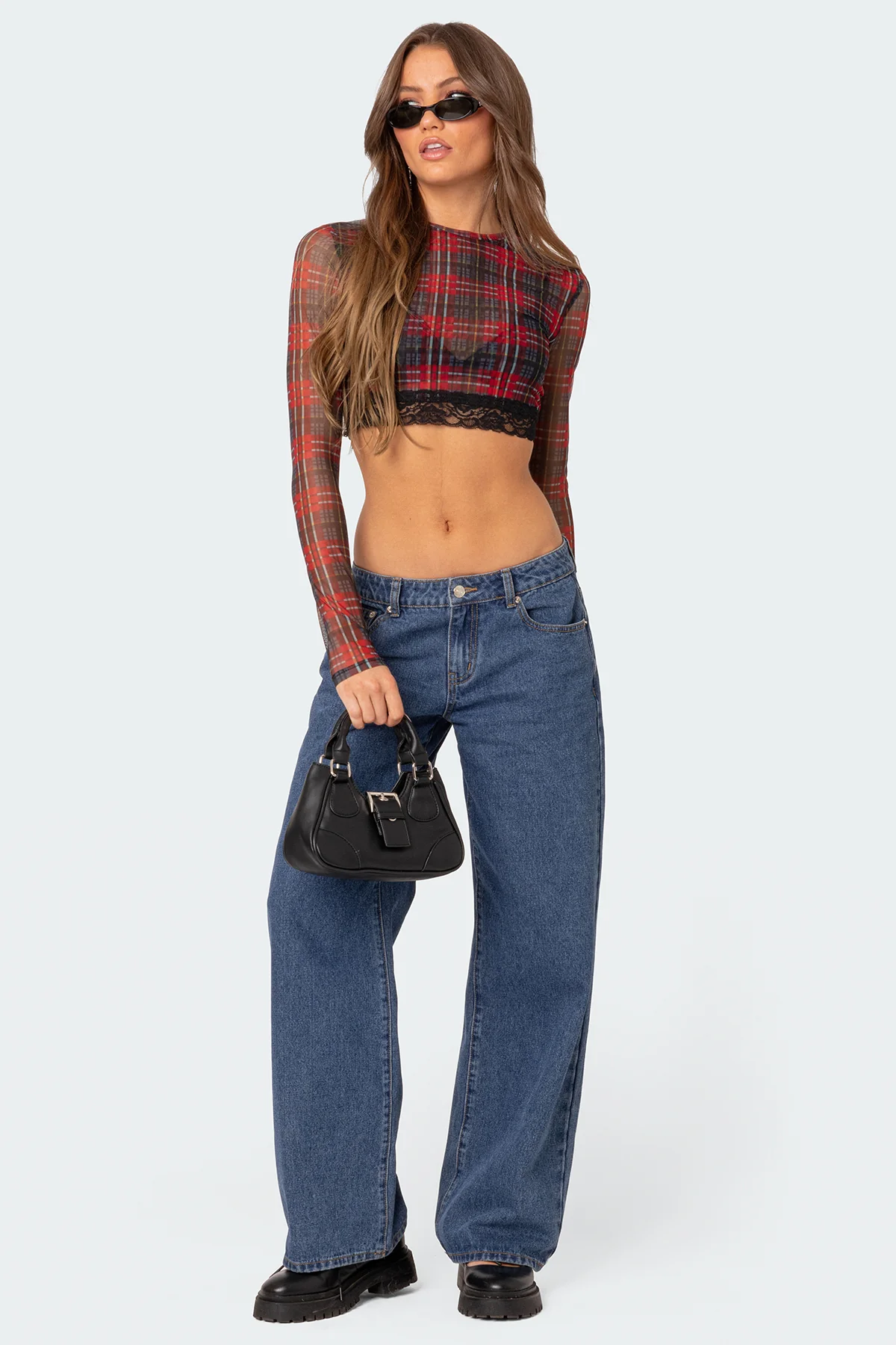 Noel Plaid Printed Mesh Crop Top - Image 2