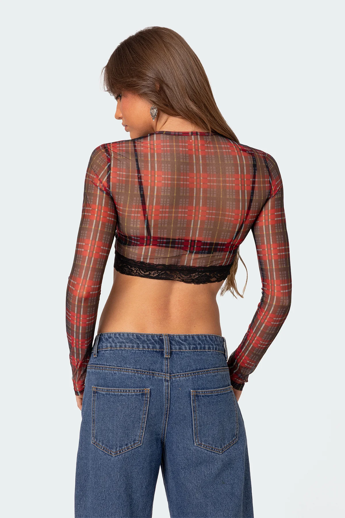 Noel Plaid Printed Mesh Crop Top - Image 4