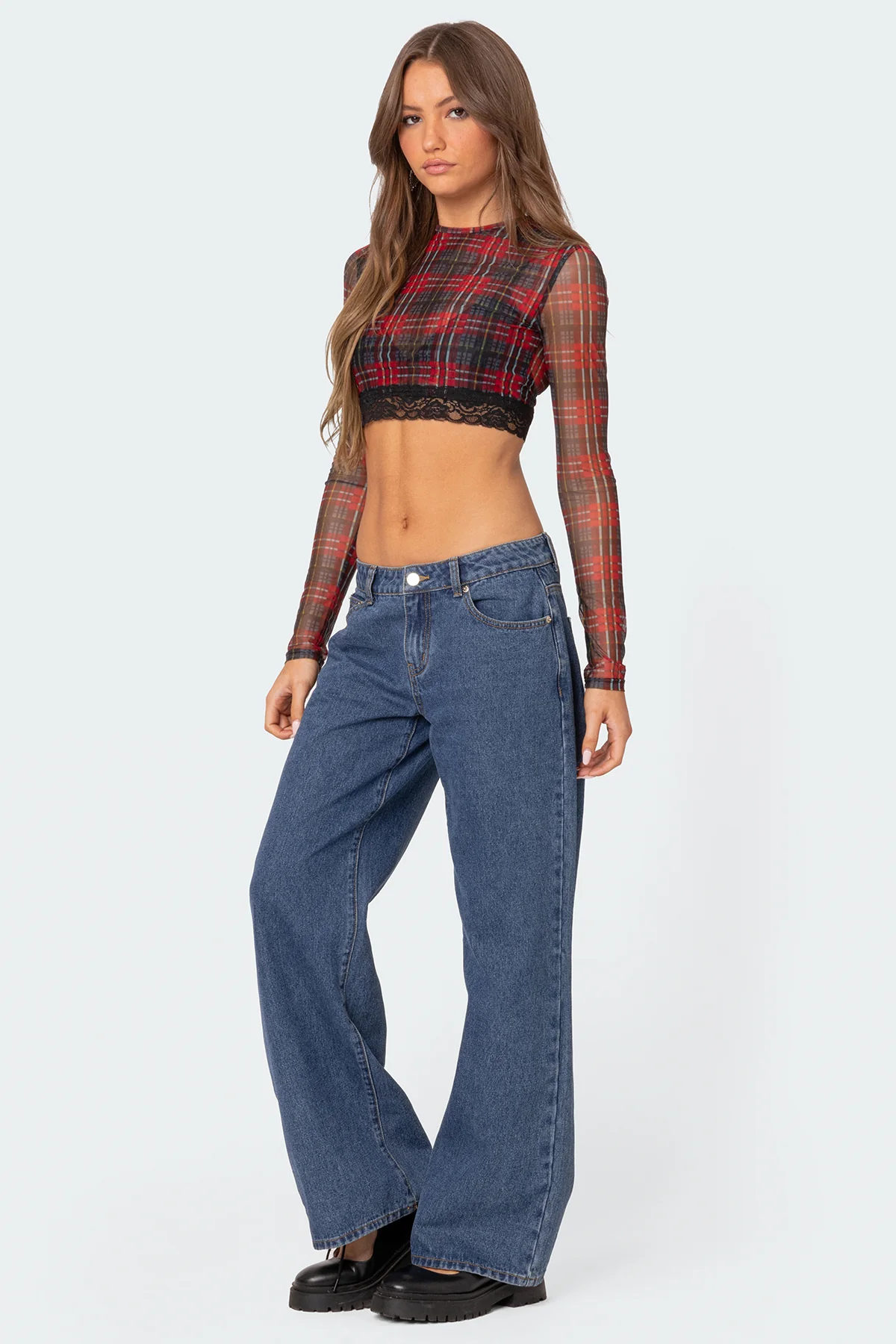 Noel Plaid Printed Mesh Crop Top - Image 5