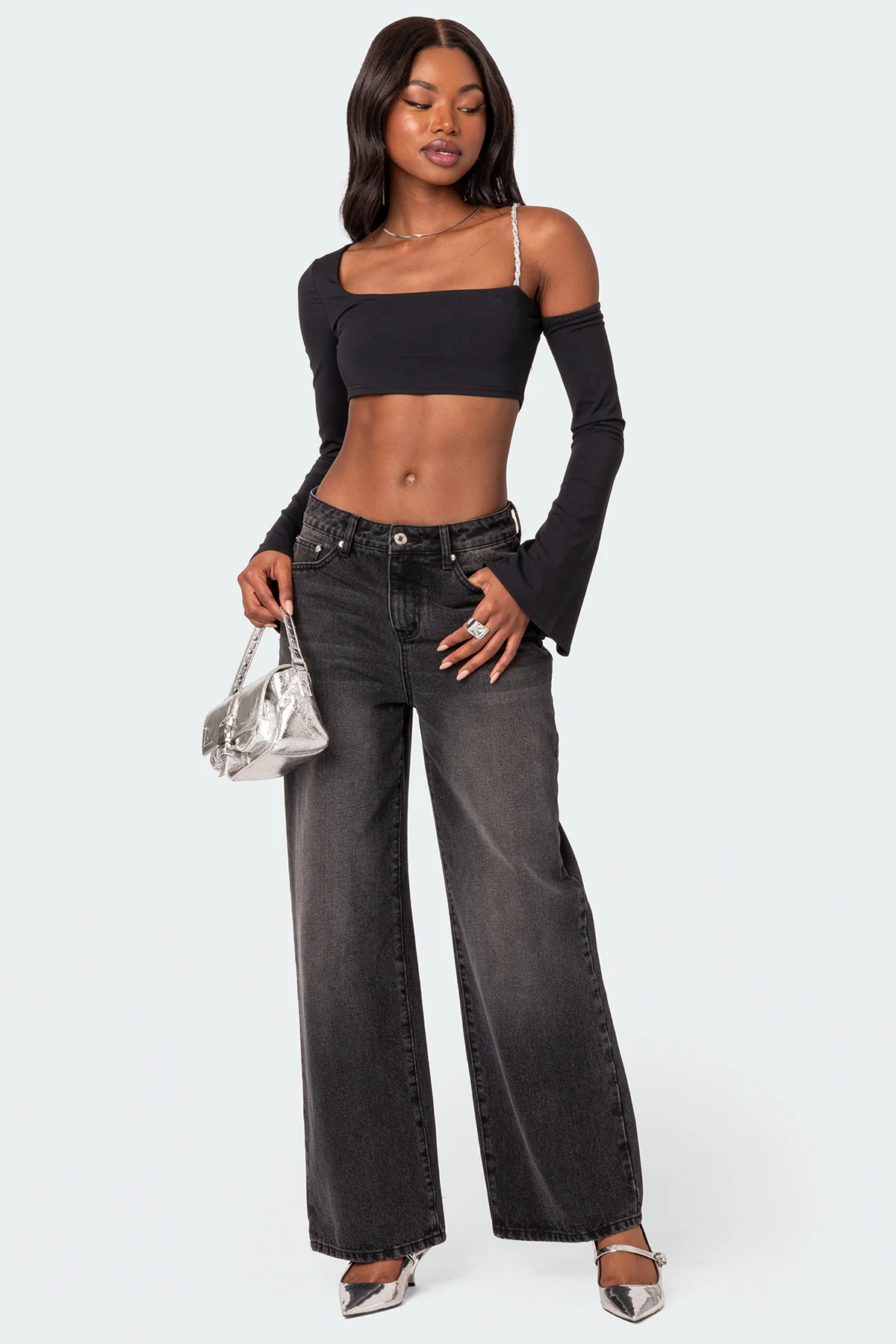 Rhinestone Strap Asymmetric Crop Top - Image 2