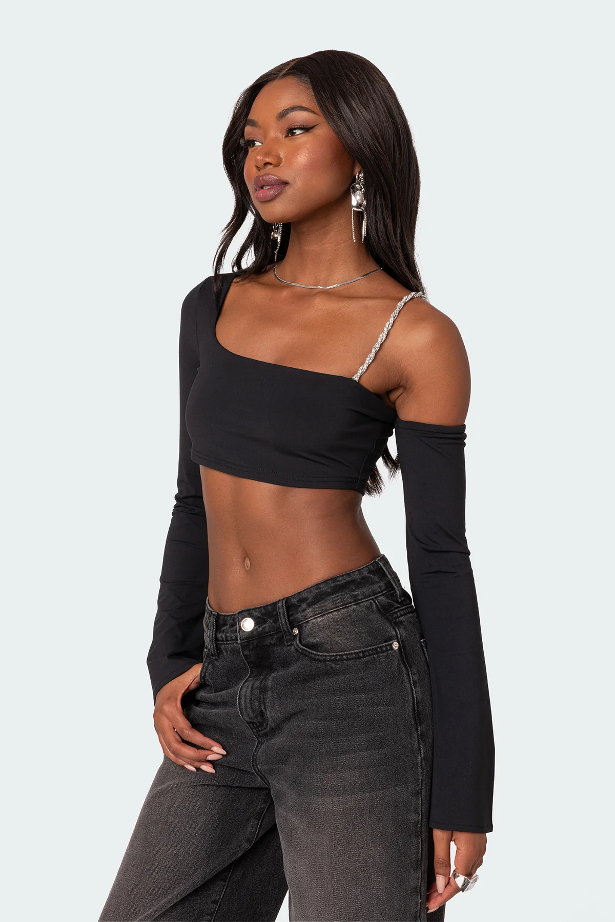 Rhinestone Strap Asymmetric Crop Top - Image 3