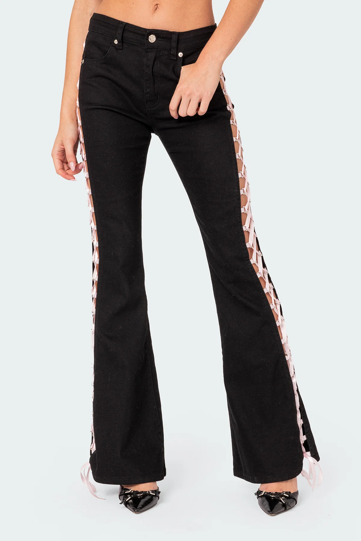 Laced Up Ribbon Mid Rise Flared Jeans - Image 2