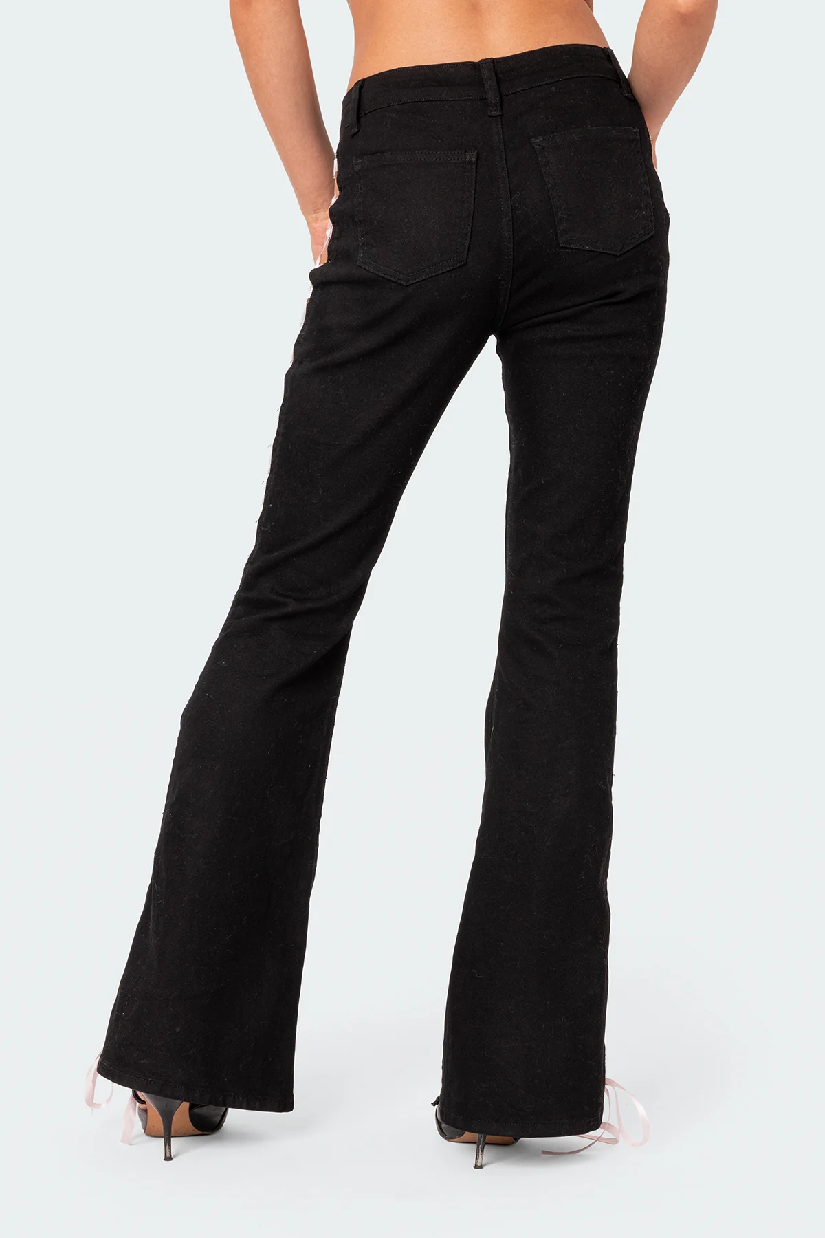 Laced Up Ribbon Mid Rise Flared Jeans - Image 4