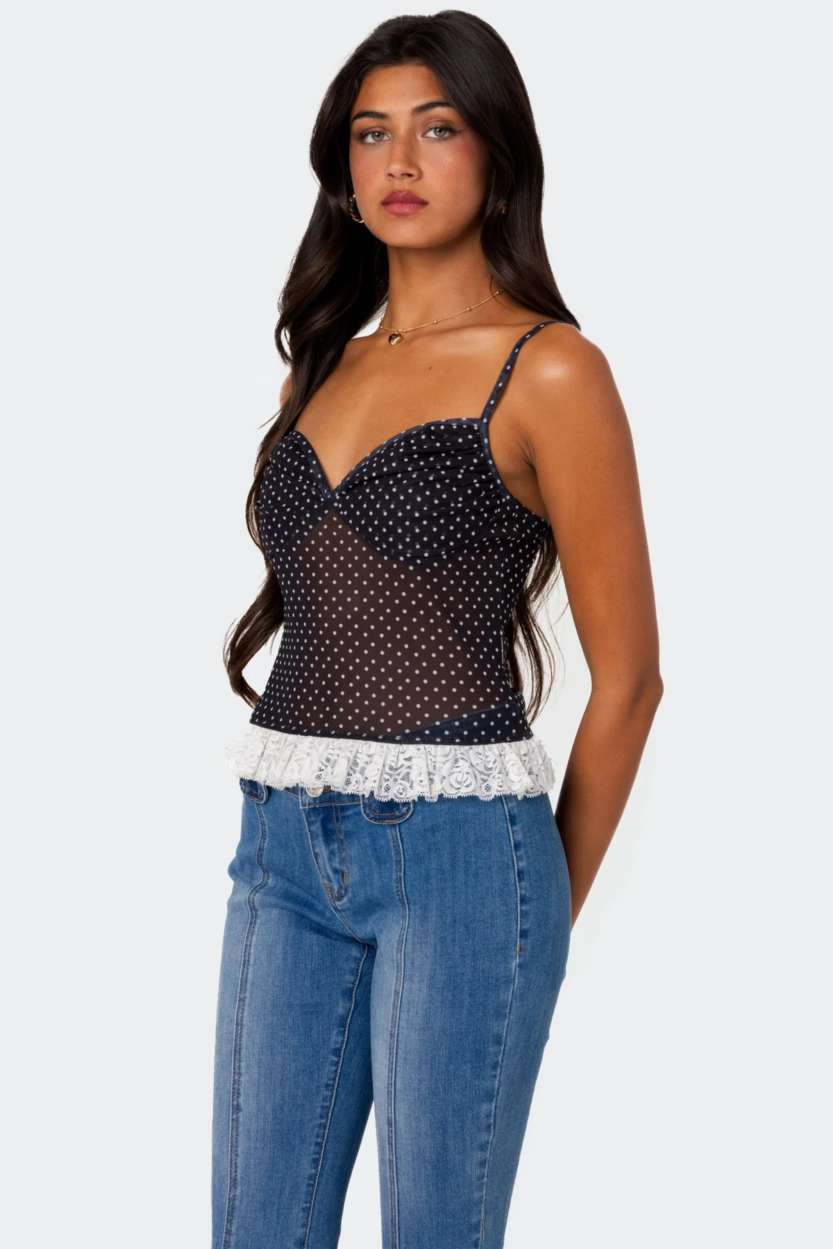 Polka Dot Cupped Mesh Top - Image 3