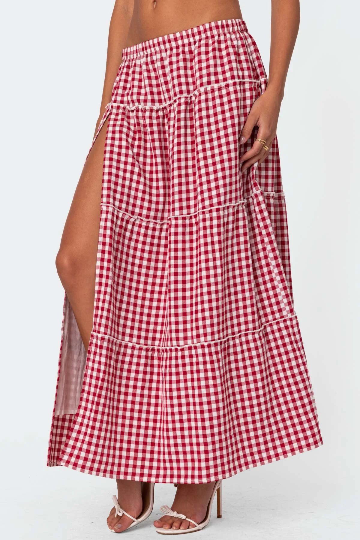 Gingham Side Slit Tiered Maxi Skirt - Image 4