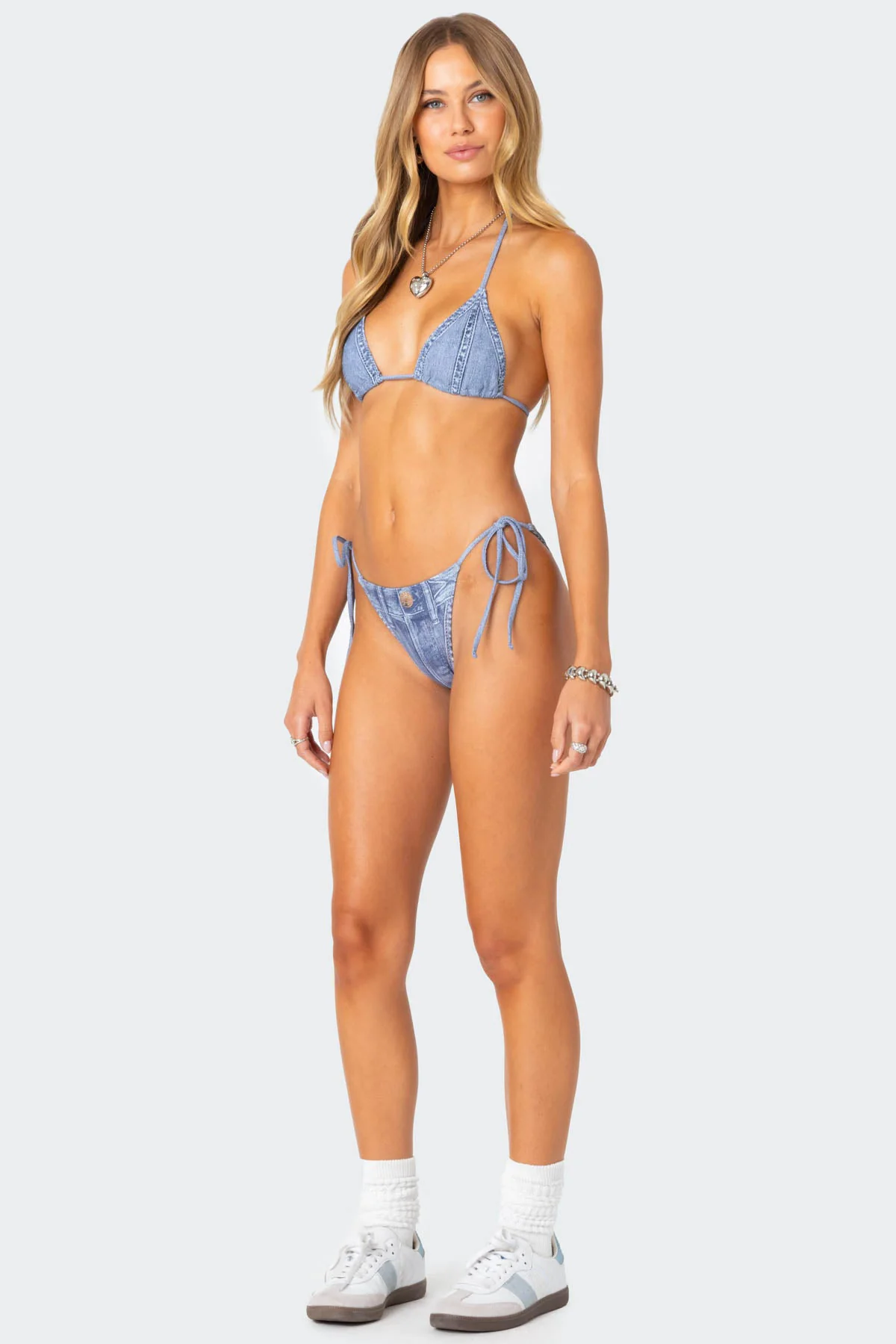 Denim Printed Triangle Bikini Top - Image 4