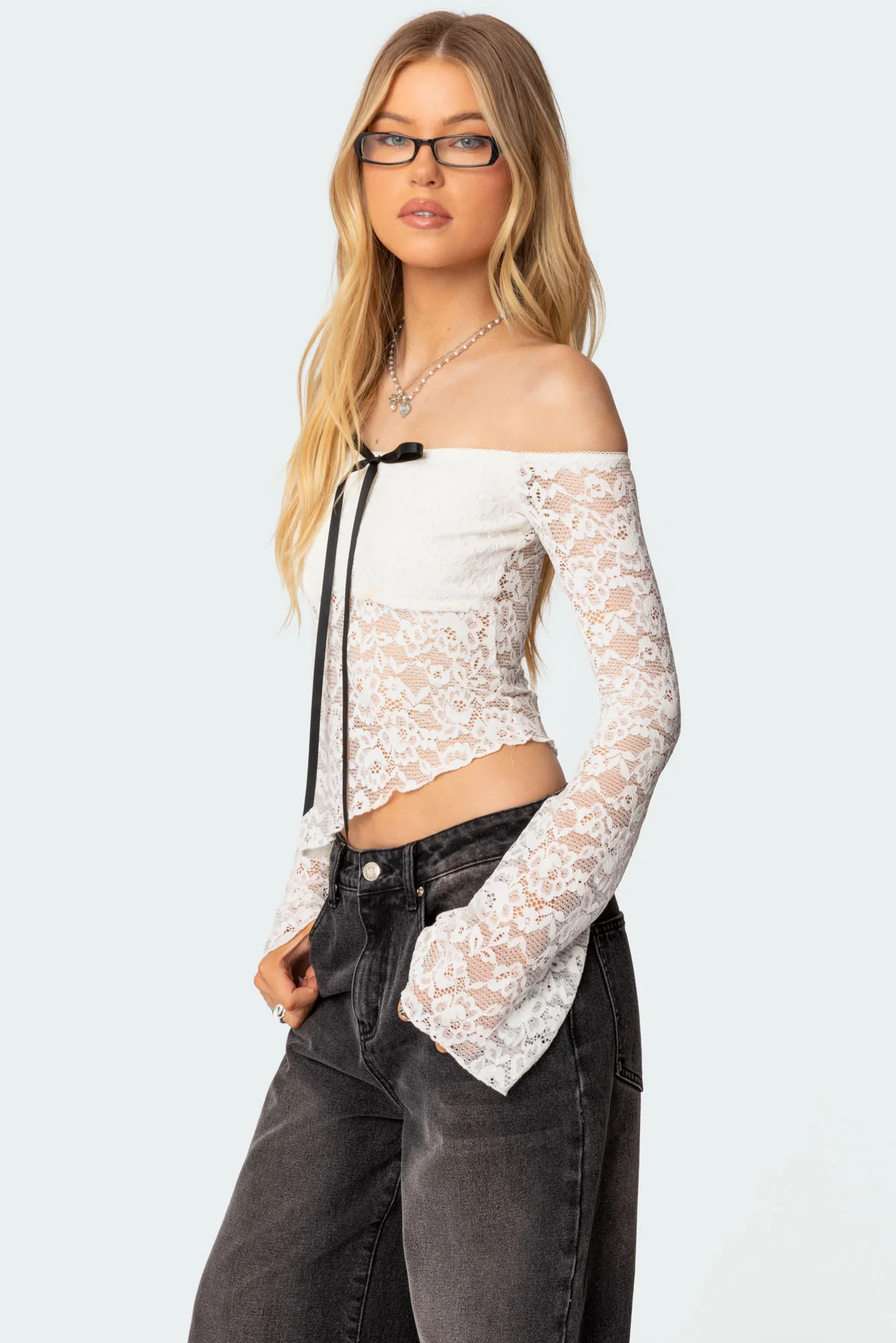Asymmetric Sheer Lace Off Shoulder Top - Image 3