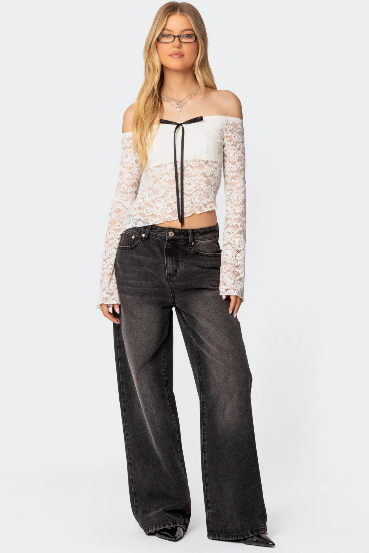 Asymmetric Sheer Lace Off Shoulder Top - Image 5