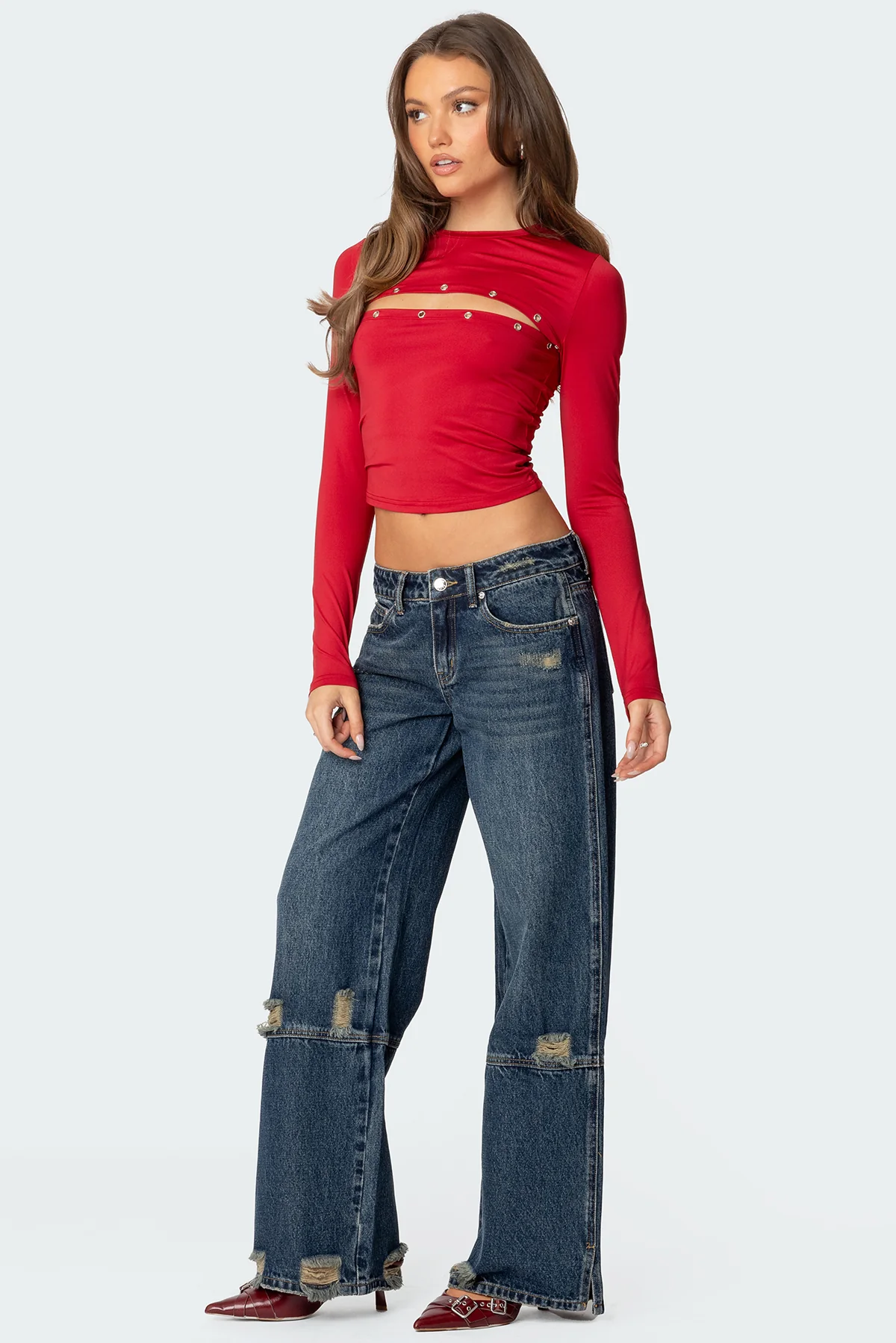 Slitted Distressed Low Rise Baggy Jeans - Image 3