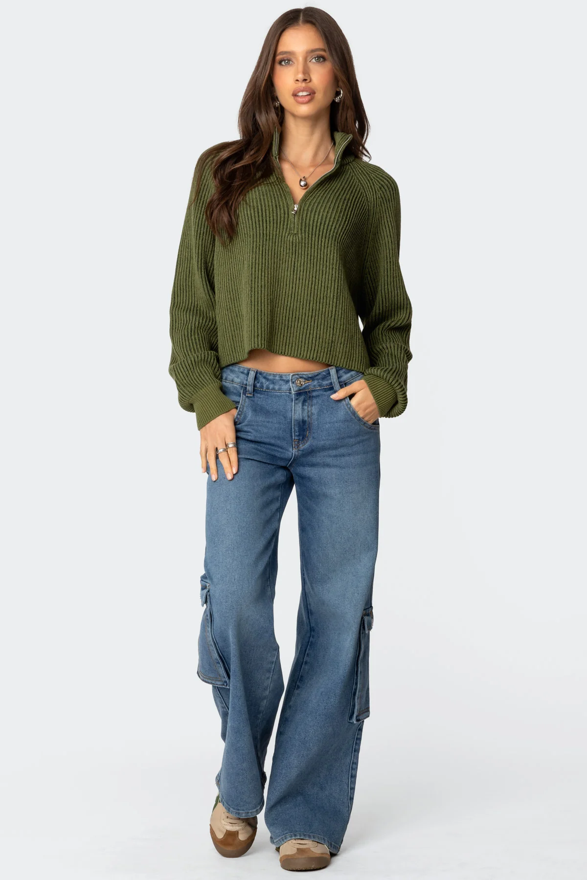 Cropped Rib Knit Half Zip Sweater - Image 2