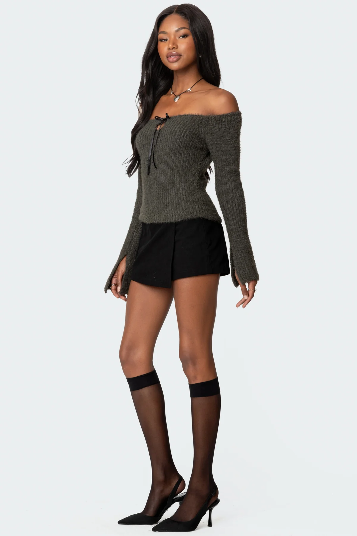 Keyhole Off Shoulder Ribbed Knit Top - Image 2