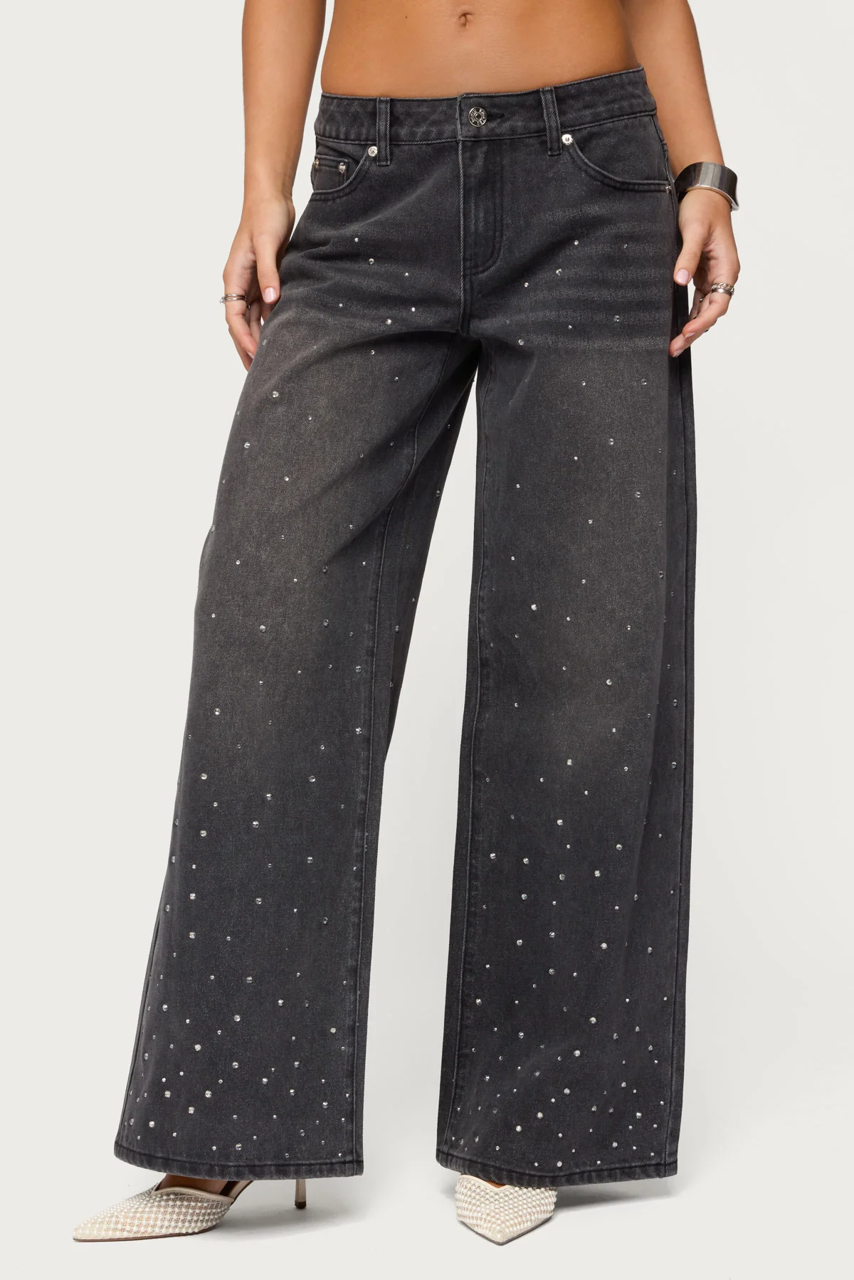 Rhinestone Washed Low Rise Baggy Jeans - Image 2