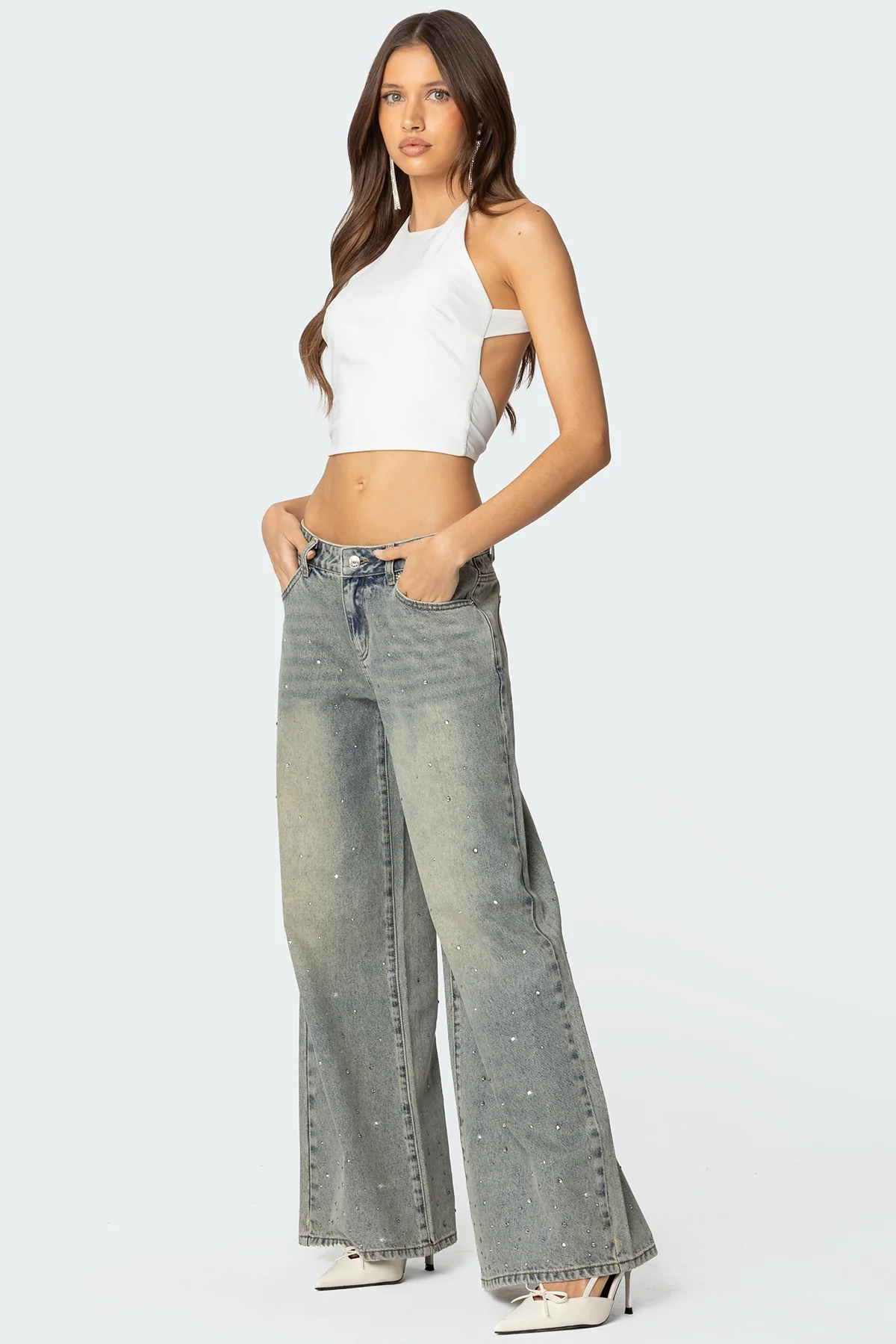 Rhinestone Washed Low Rise Baggy Jeans - Image 4