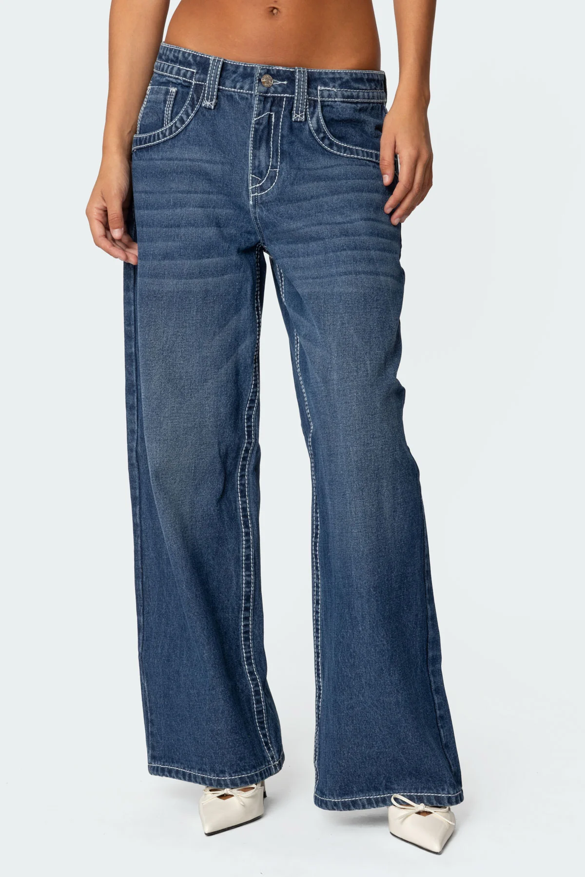 Contrast Stitch Low Rise Baggy Jeans - Image 2