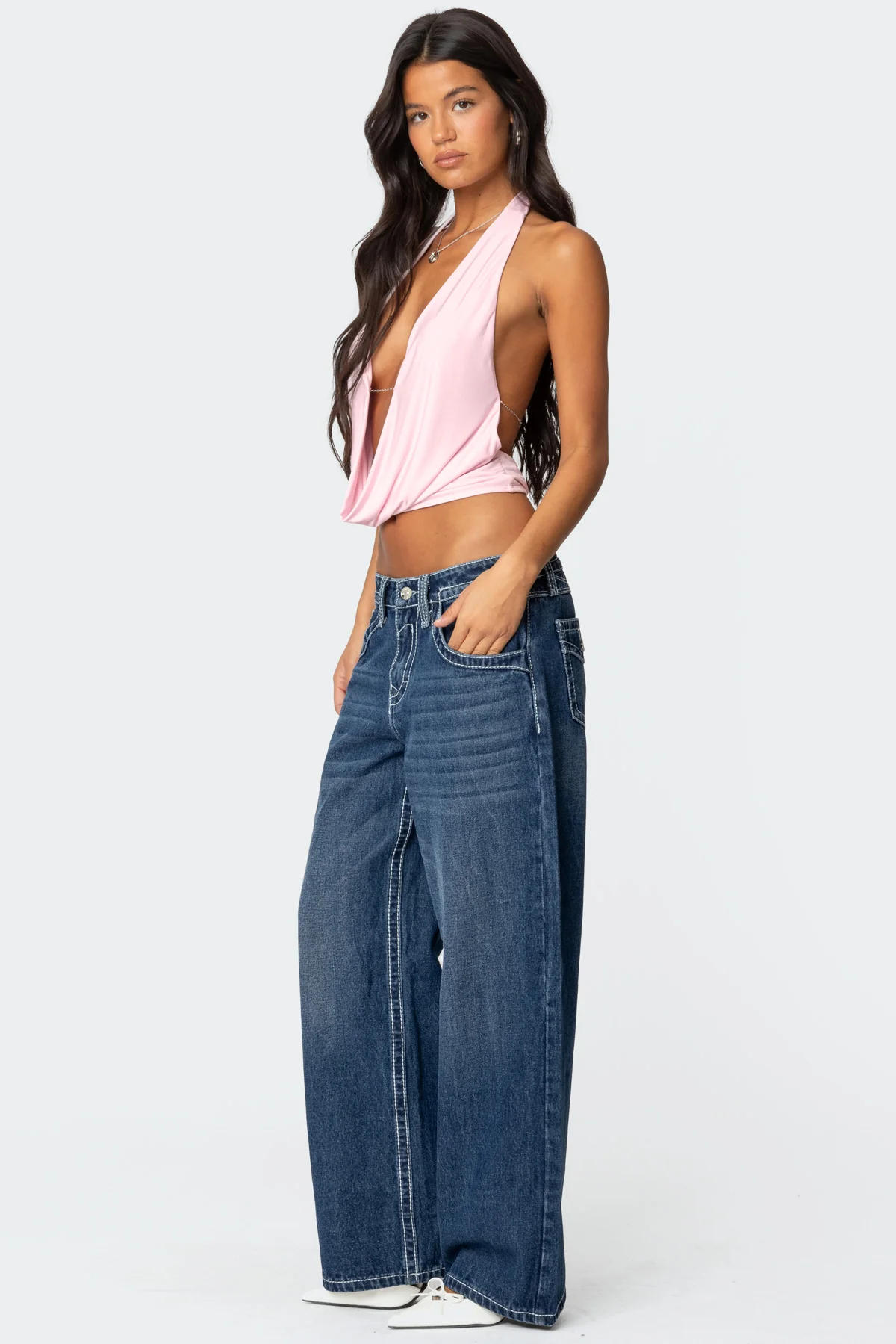 Contrast Stitch Low Rise Baggy Jeans - Image 4