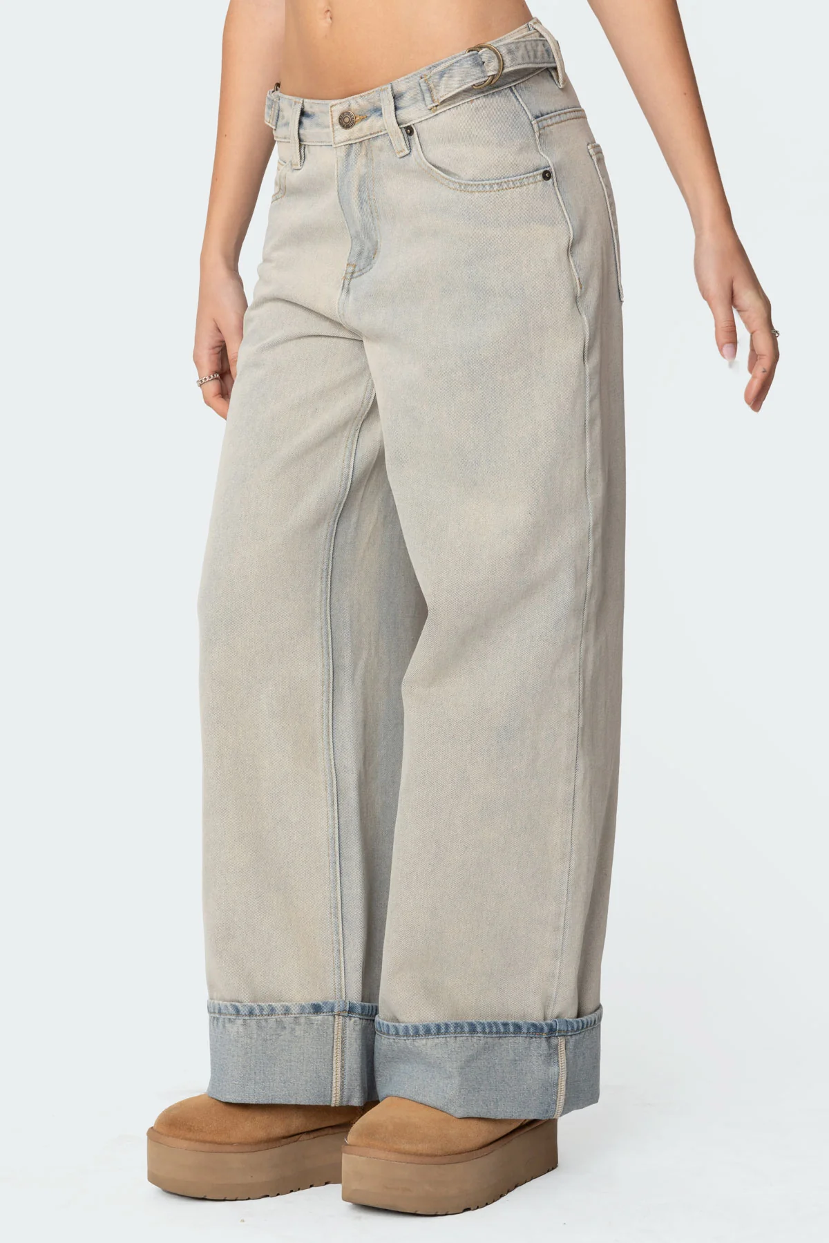 Double Belt Washed Low Rise Baggy Jeans - Image 4