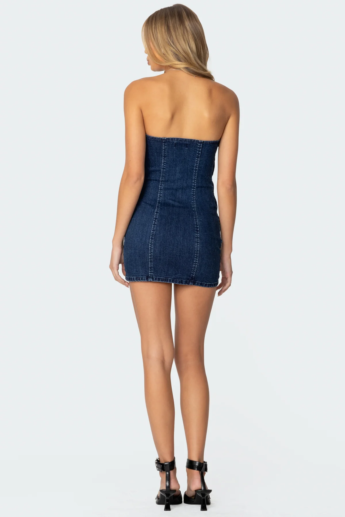 Ruched Strapless Denim Mini Dress - Image 4