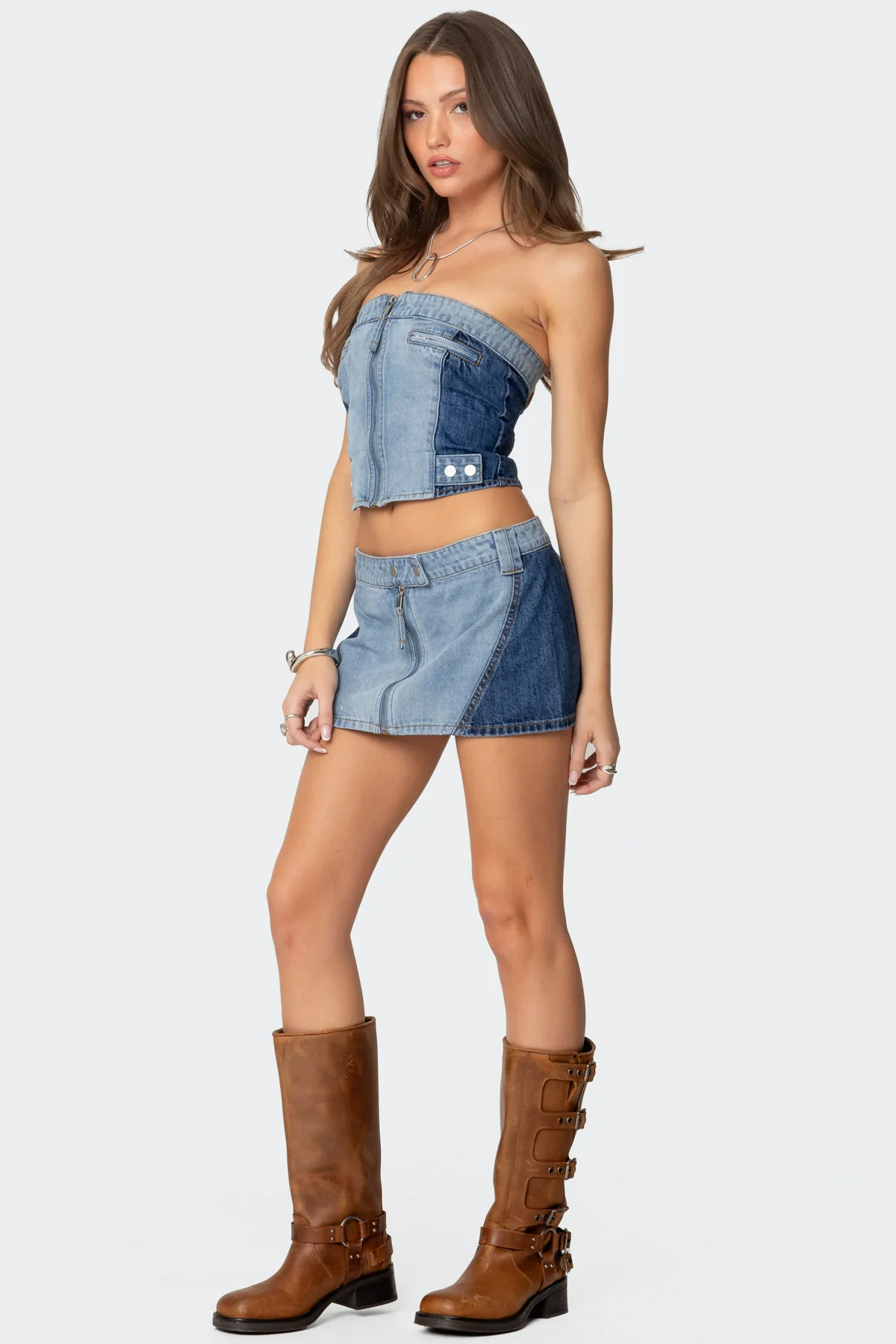 Reni Contrast Zip Denim Mini Skirt - Image 3
