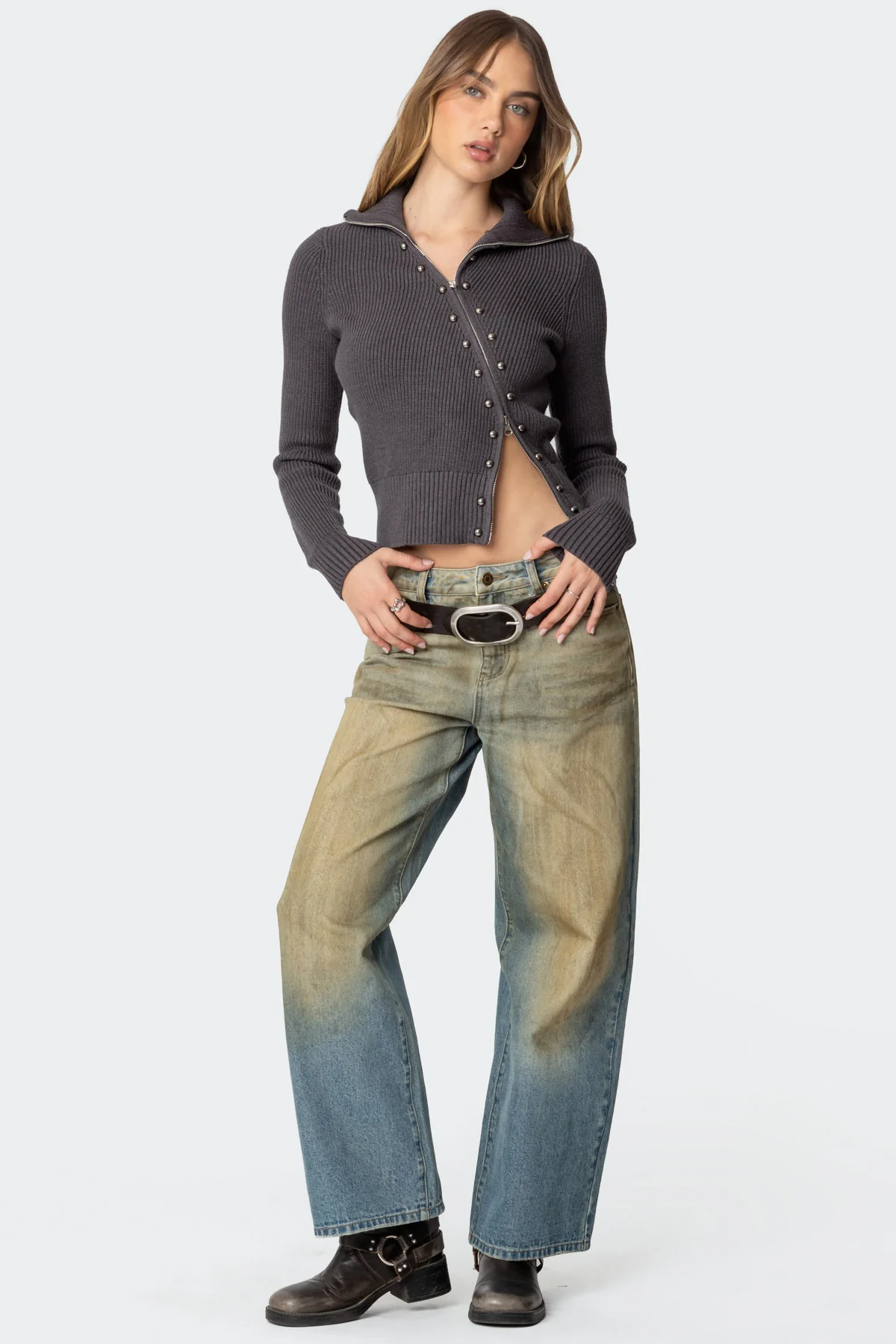 Ribbed Asymmetric Zip Up Cardigan - Image 5