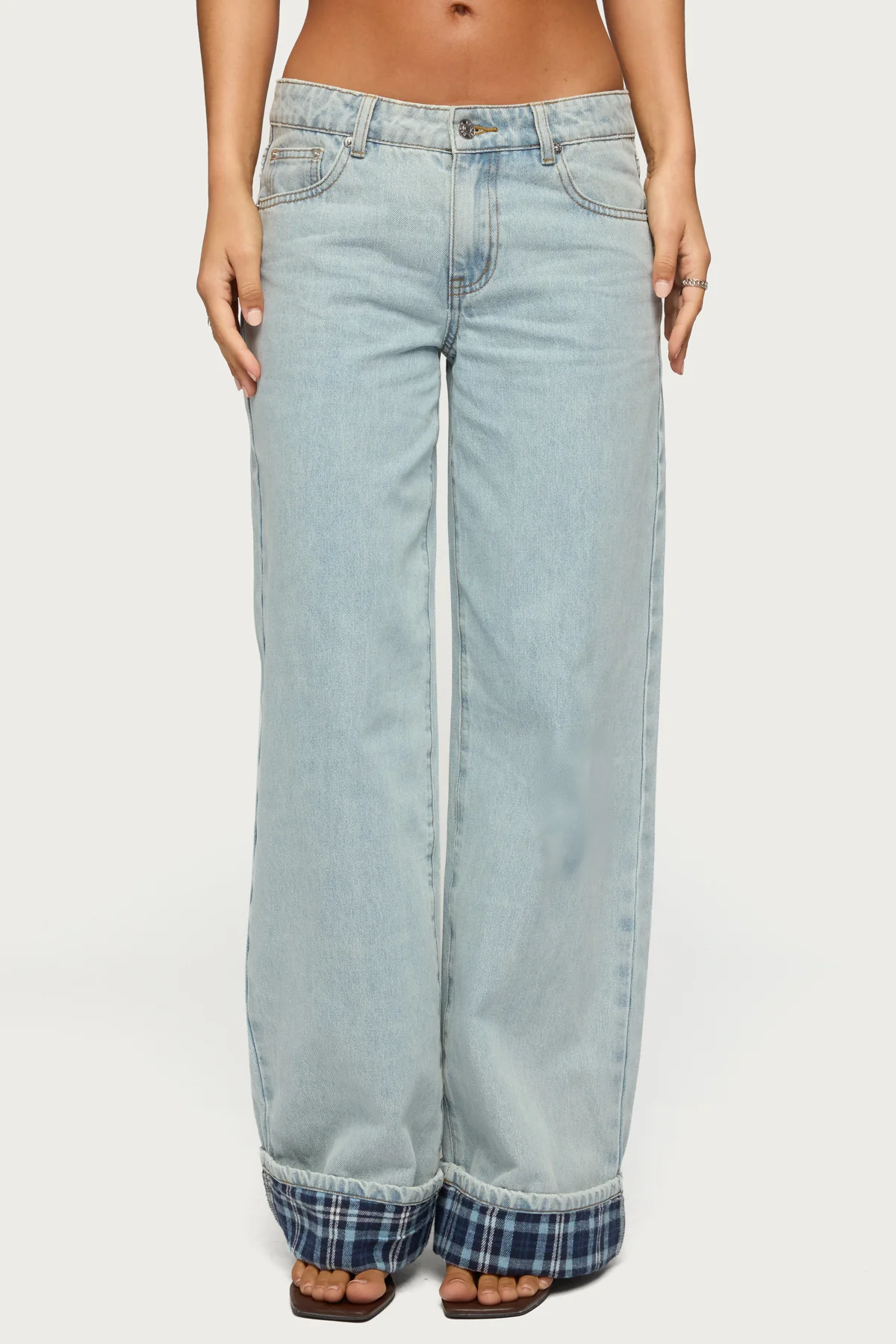 Plaid Cuffed Low Rise Baggy Jeans - Image 2