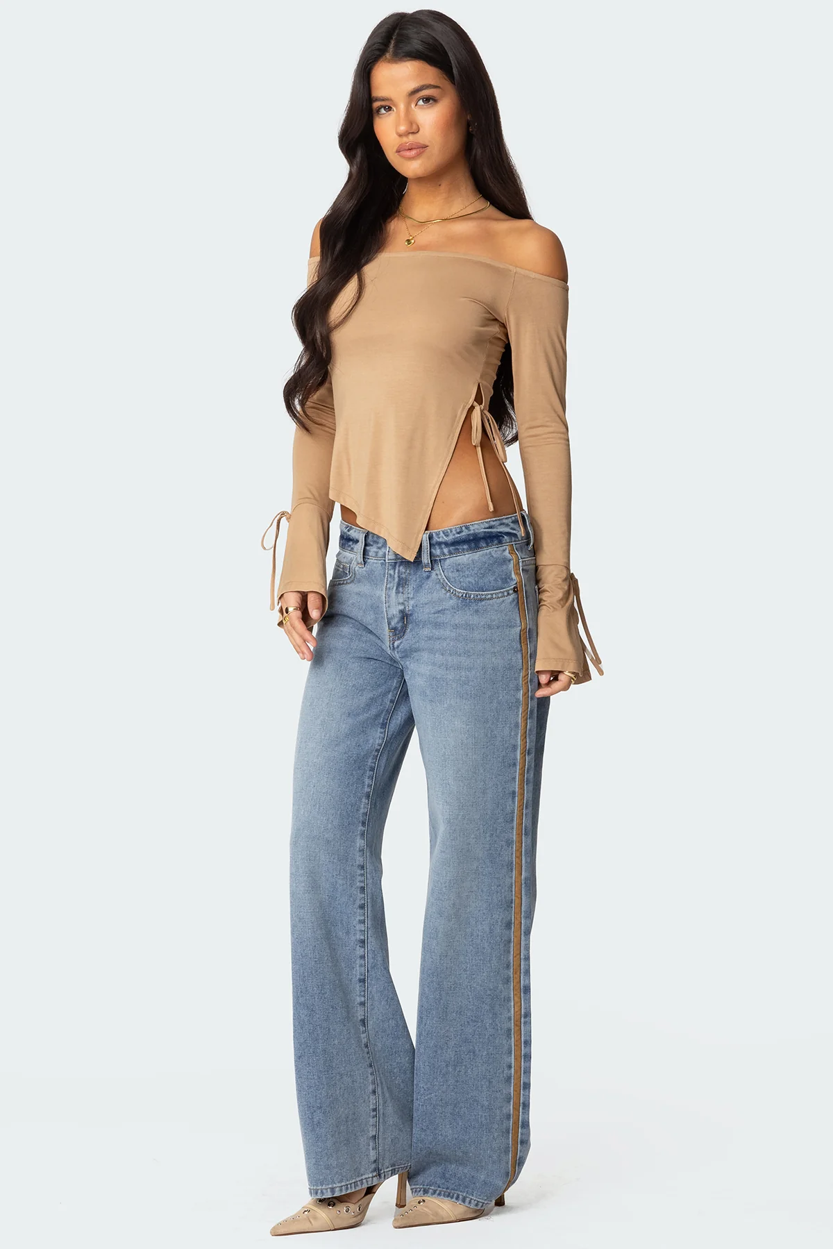 Faux Suede Stripe Low Rise Straight Leg Jeans - Image 3