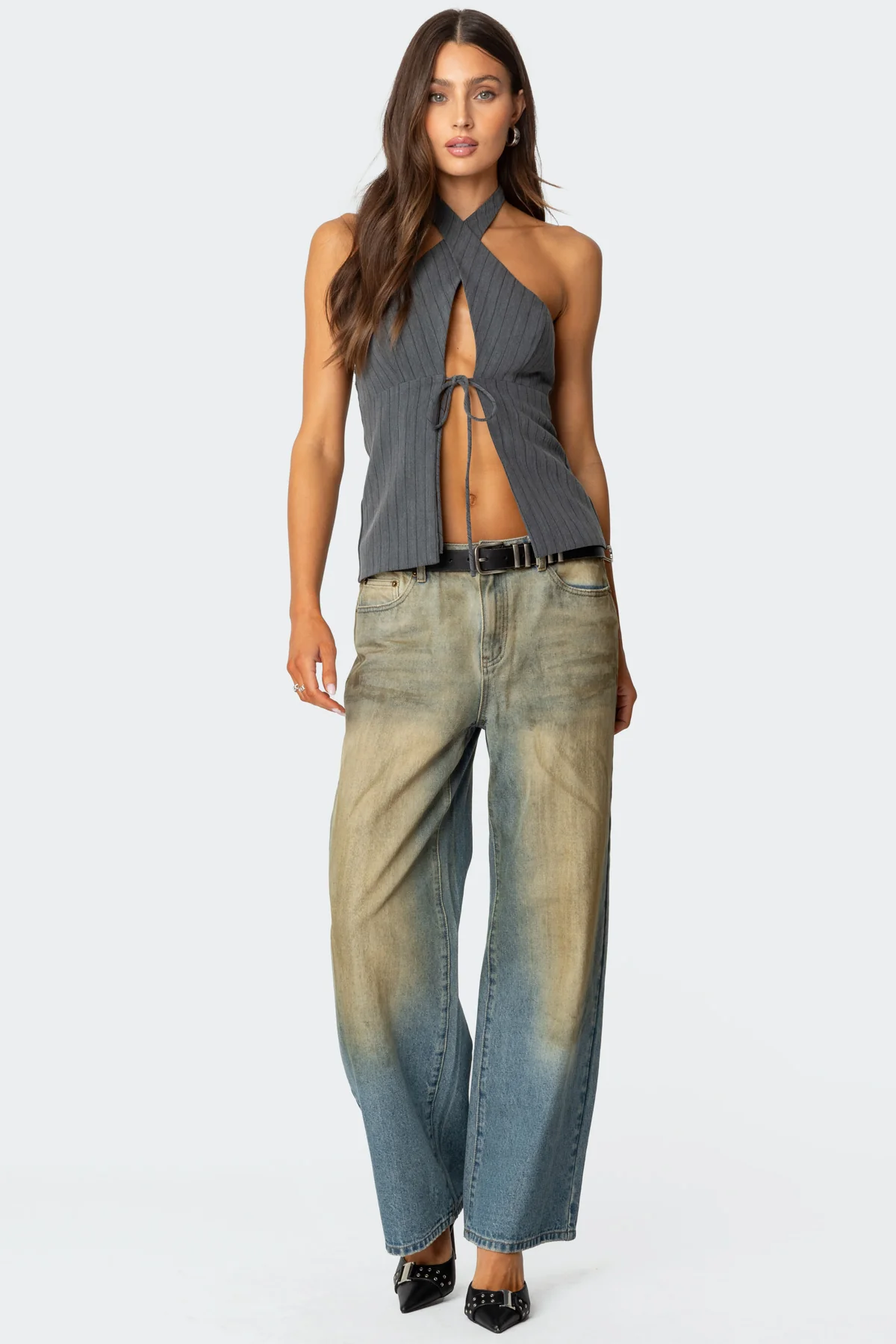 Split Front Pinstripe Halter Top - Image 4