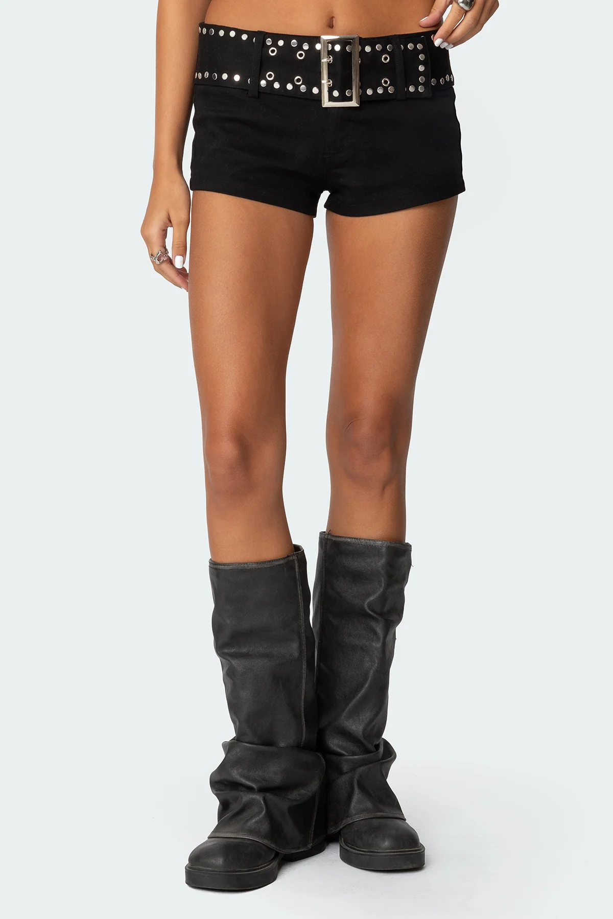 Studded Belt Denim Micro Shorts - Image 2