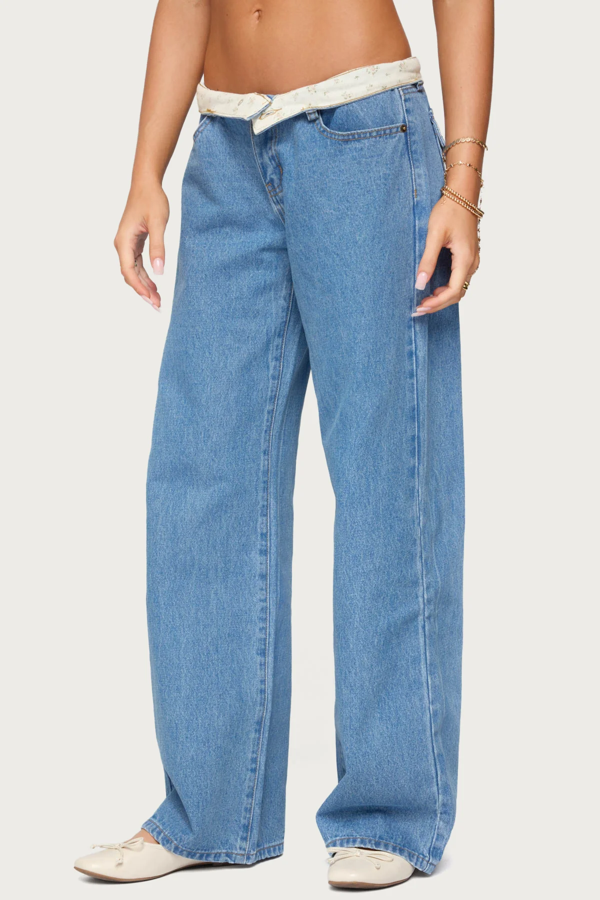 Floral Foldover Low Rise Baggy Jeans - Image 3