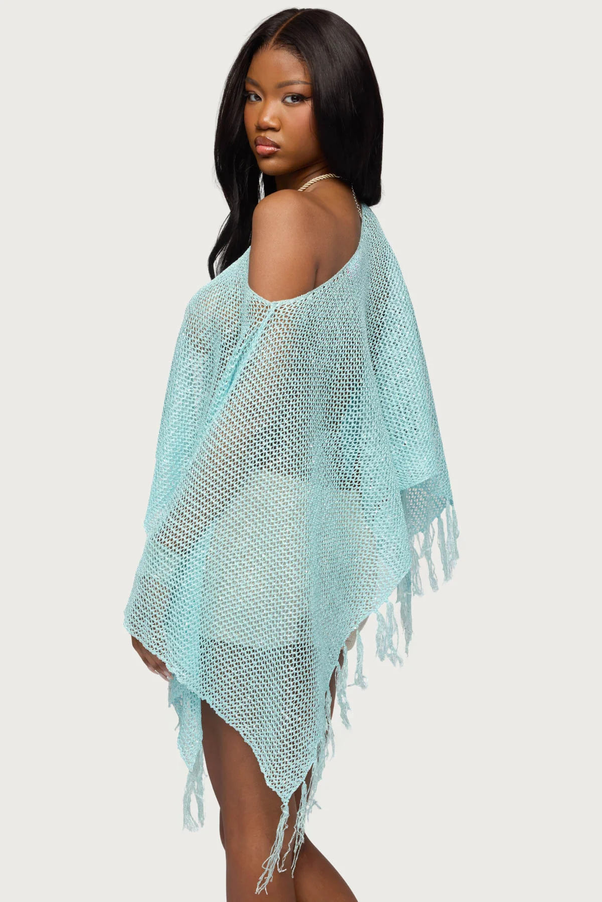 Sequin Fringe Knit Poncho - Image 5