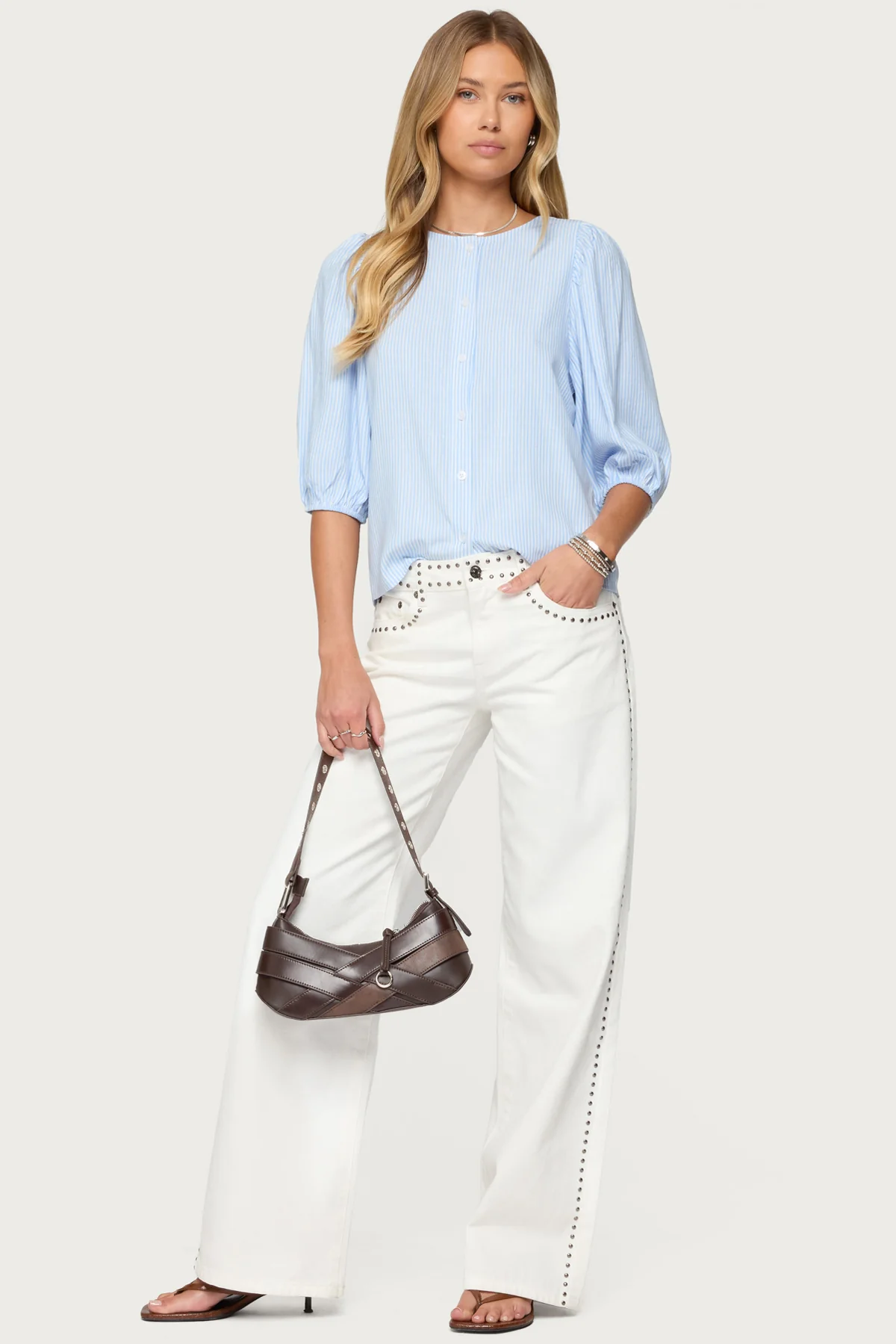 Pinstripe Linen Look Button Up Shirt - Image 2