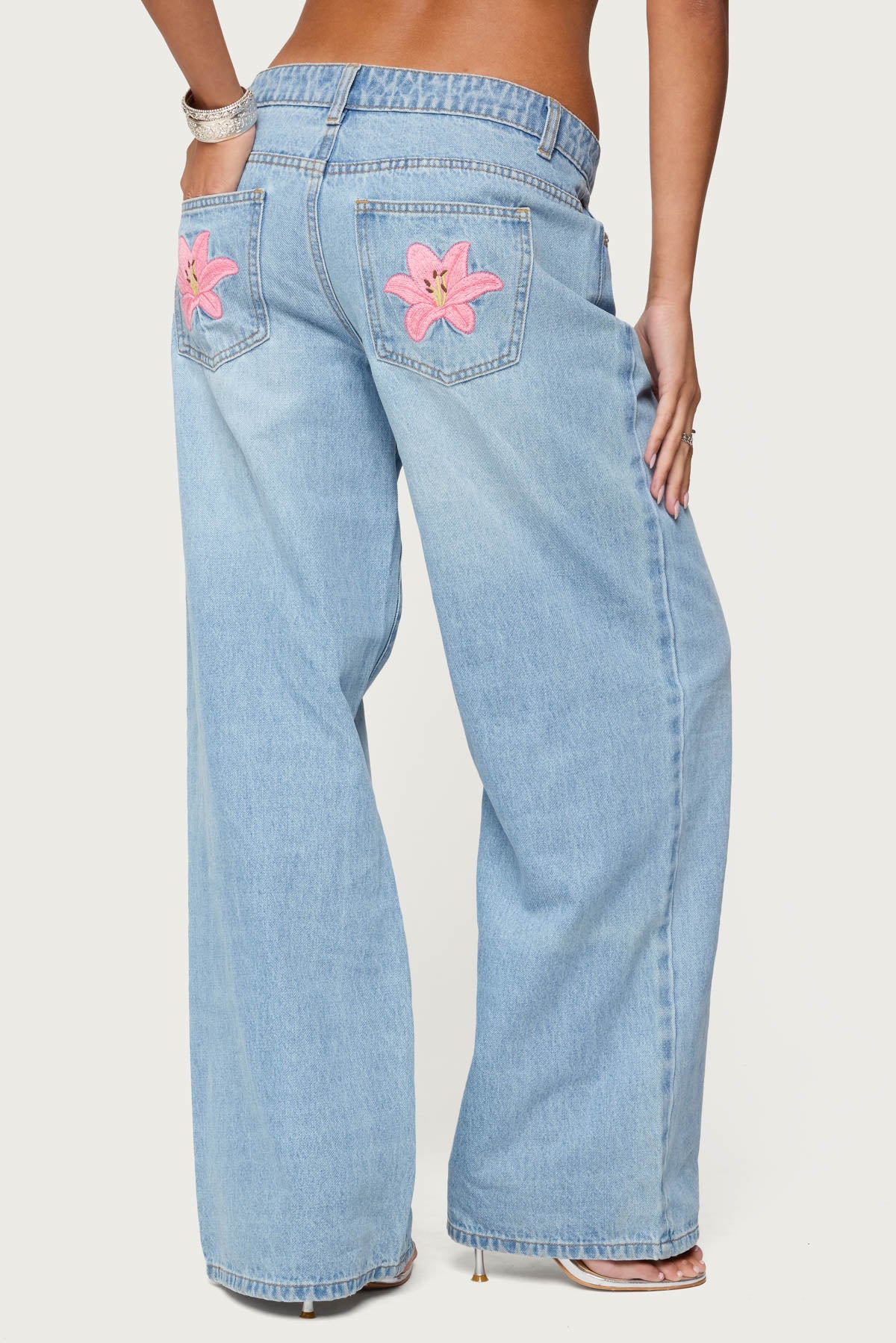 Mirra Embroidered Flower Low Rise Baggy Jeans - Image 4