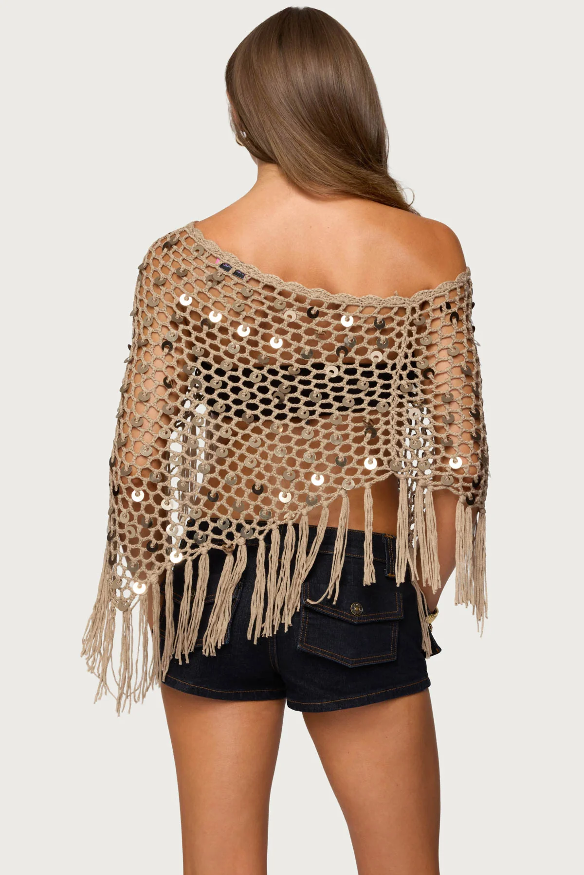 Fringe Sequin Crochet Poncho - Image 5