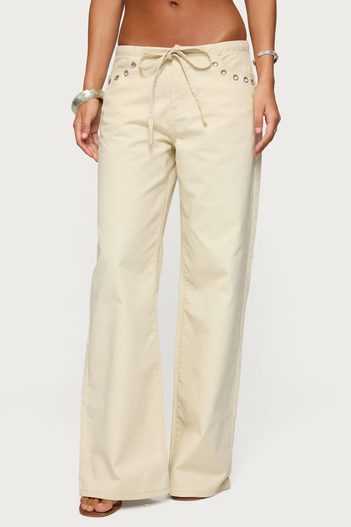 Grommet Tie Waist Low Rise Baggy Jeans - Image 2