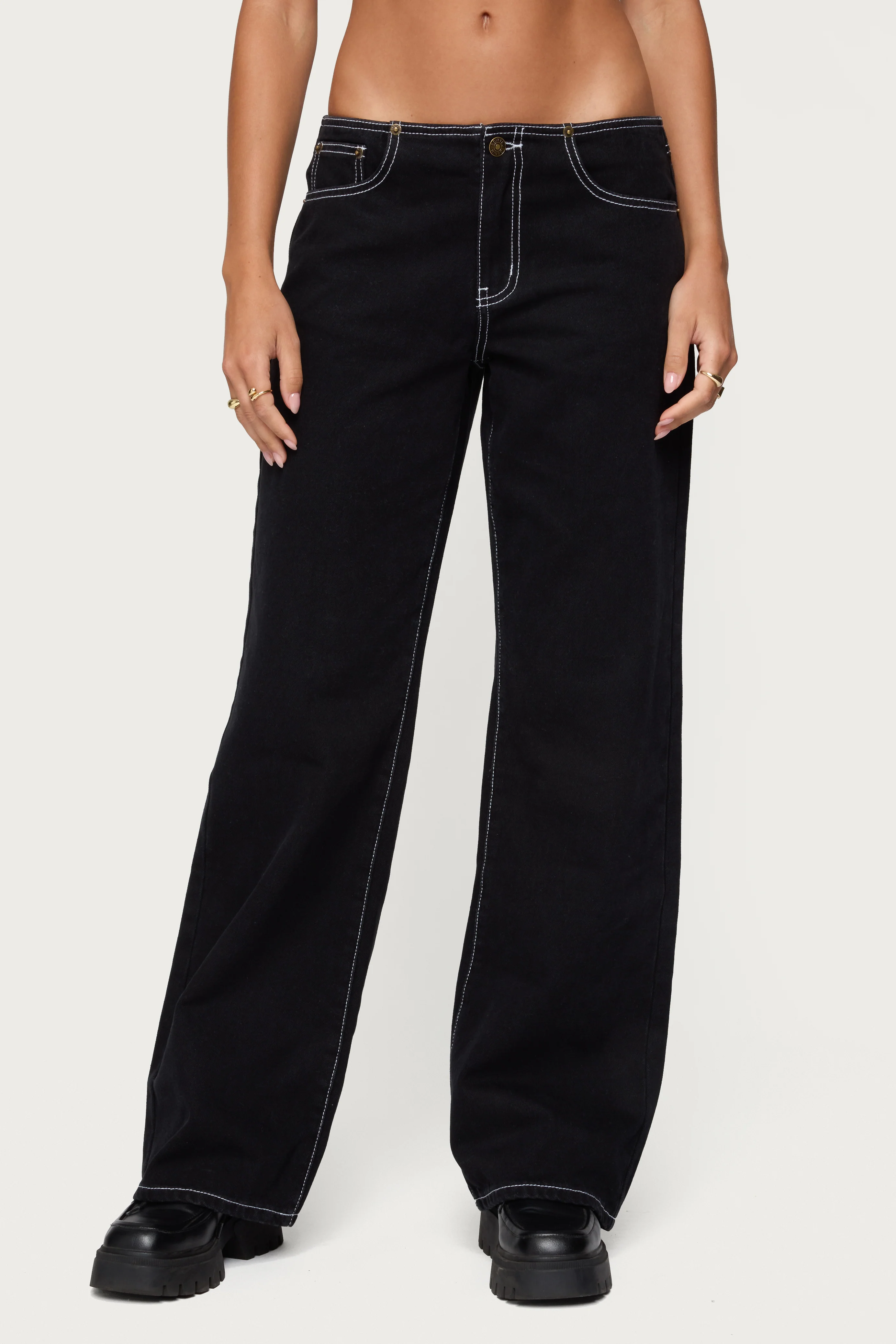 Contrast Stitch Low Rise Wide Leg Jeans - Image 2