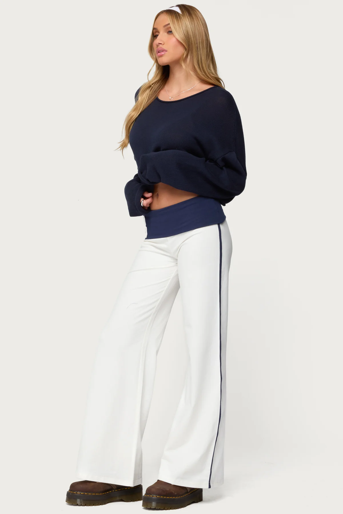 8 Contrast Fold Over Wide Leg Pants - Image 3