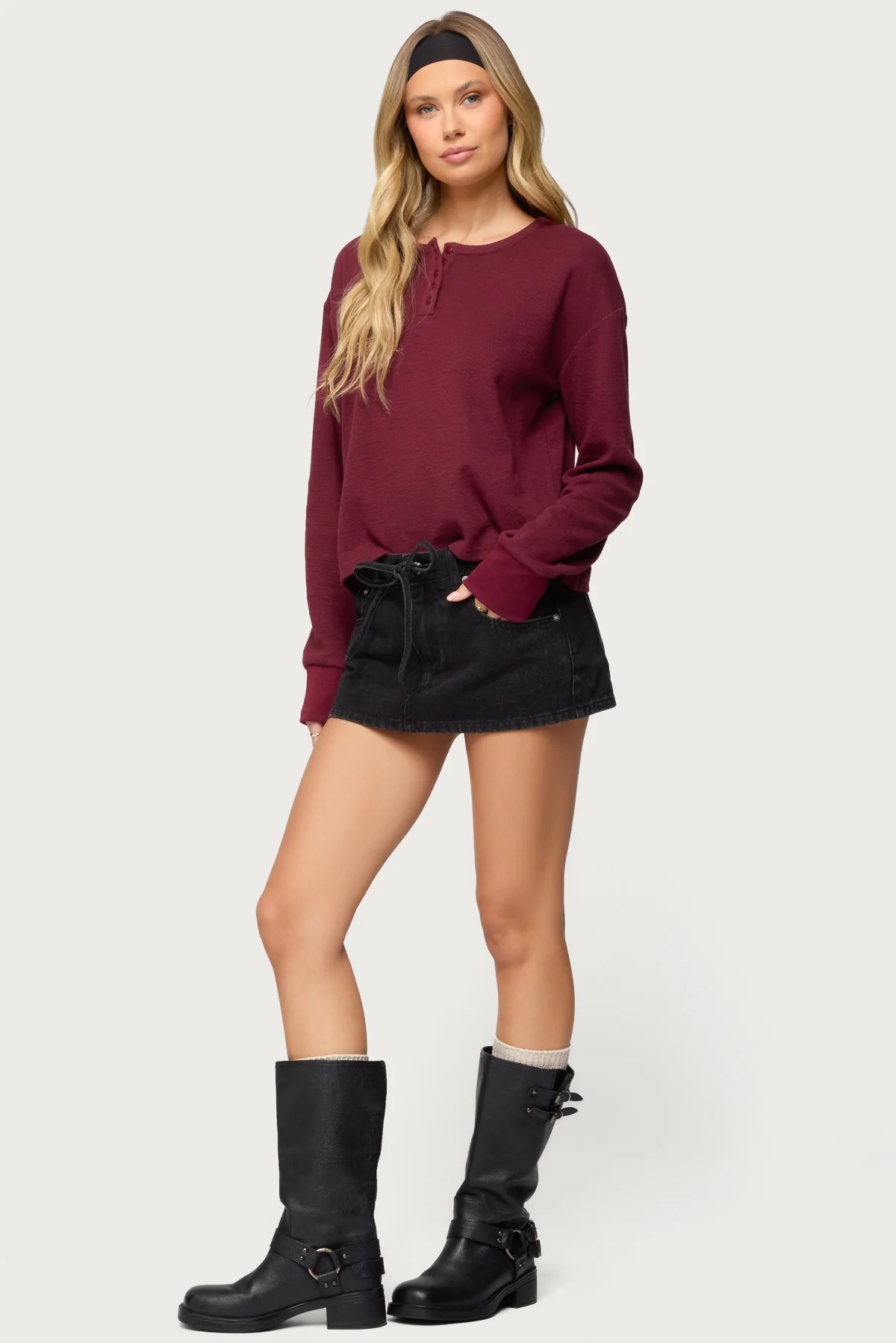 Deni Long Sleeve Henley Waffle Top - Image 5