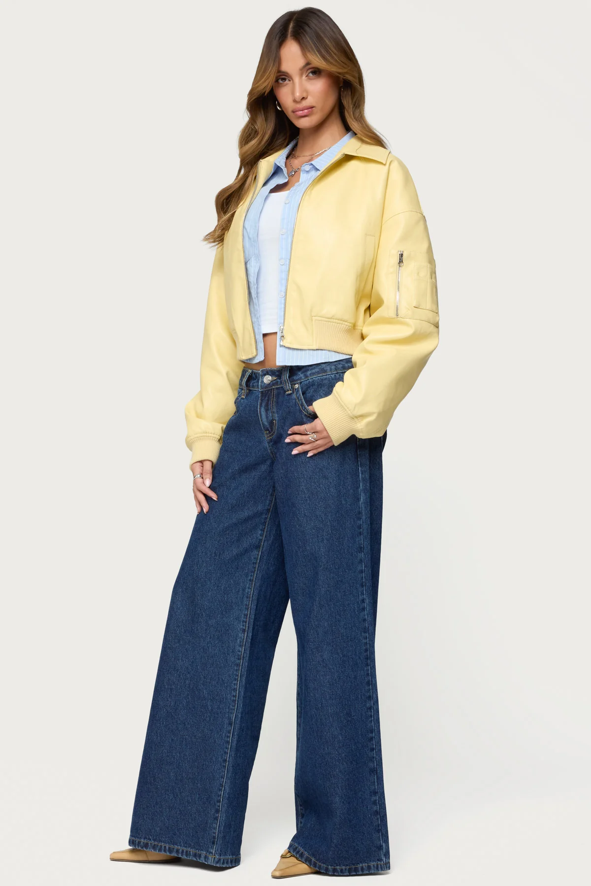 Zayna Cropped Faux Leather Bomber Jacket - Image 4