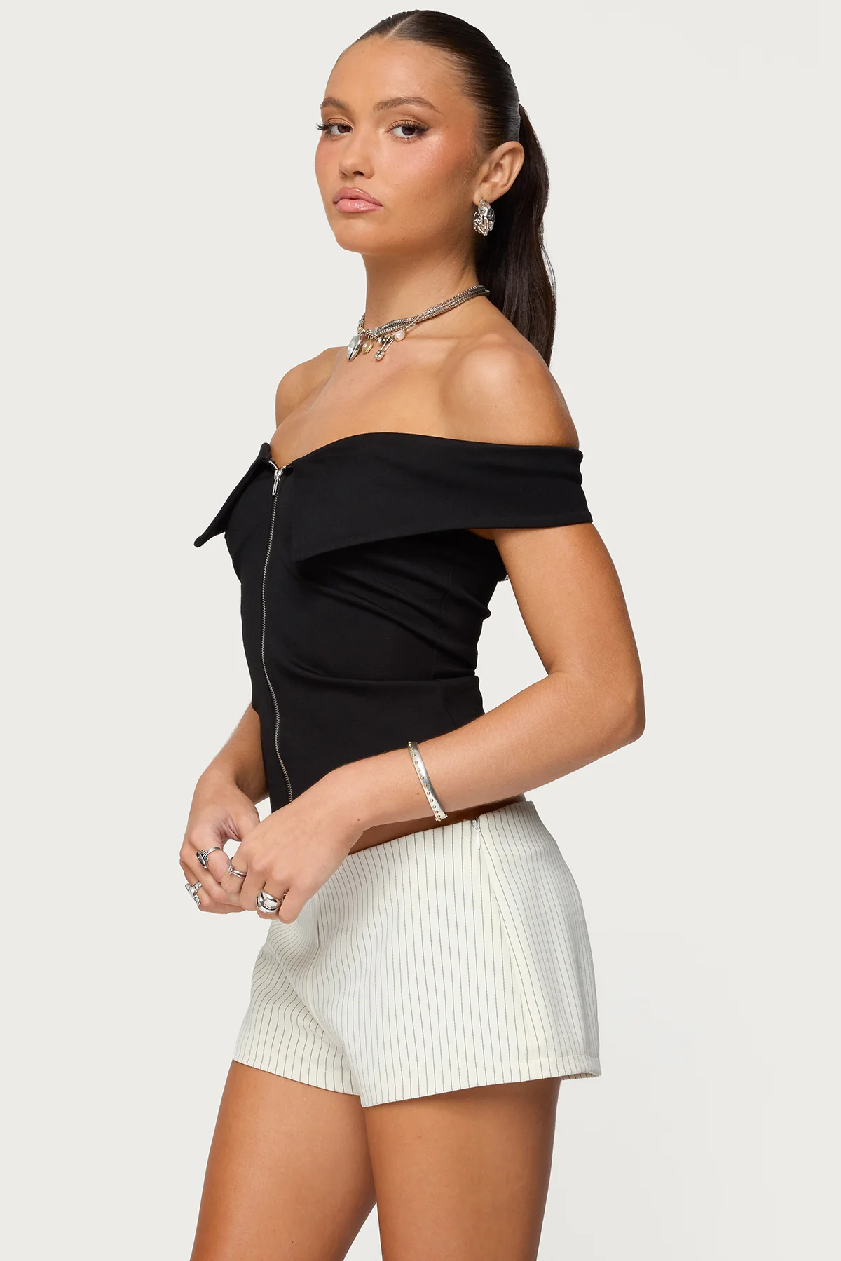 Collared Off Shoulder Zip Up Top - Image 3