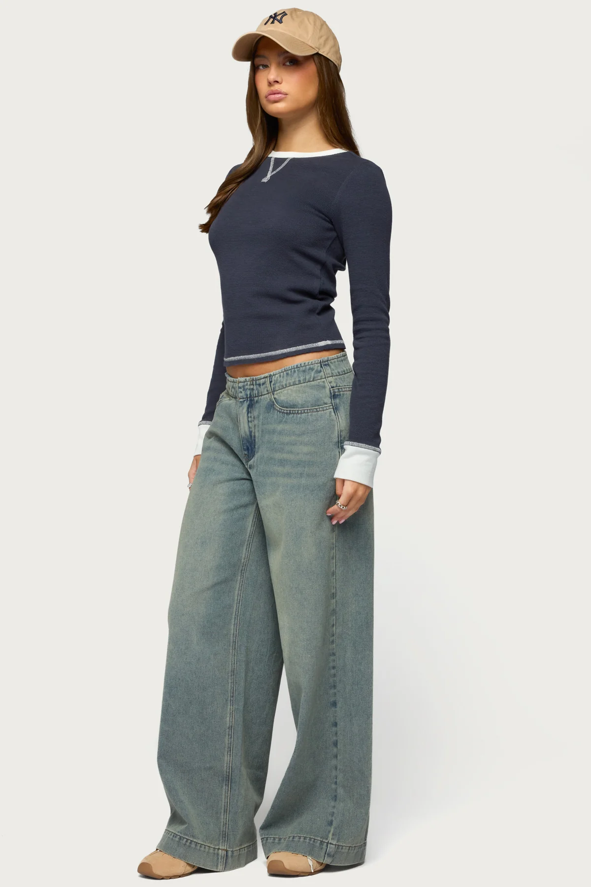 Rora Contrast Long Sleeve Waffle Top - Image 4