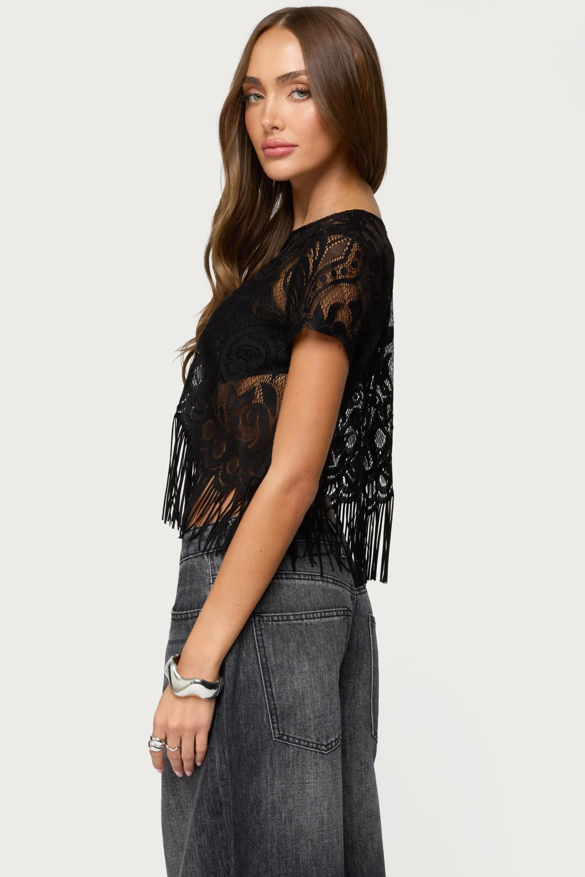 Kira Sheer Lace Fringe Top - Image 4