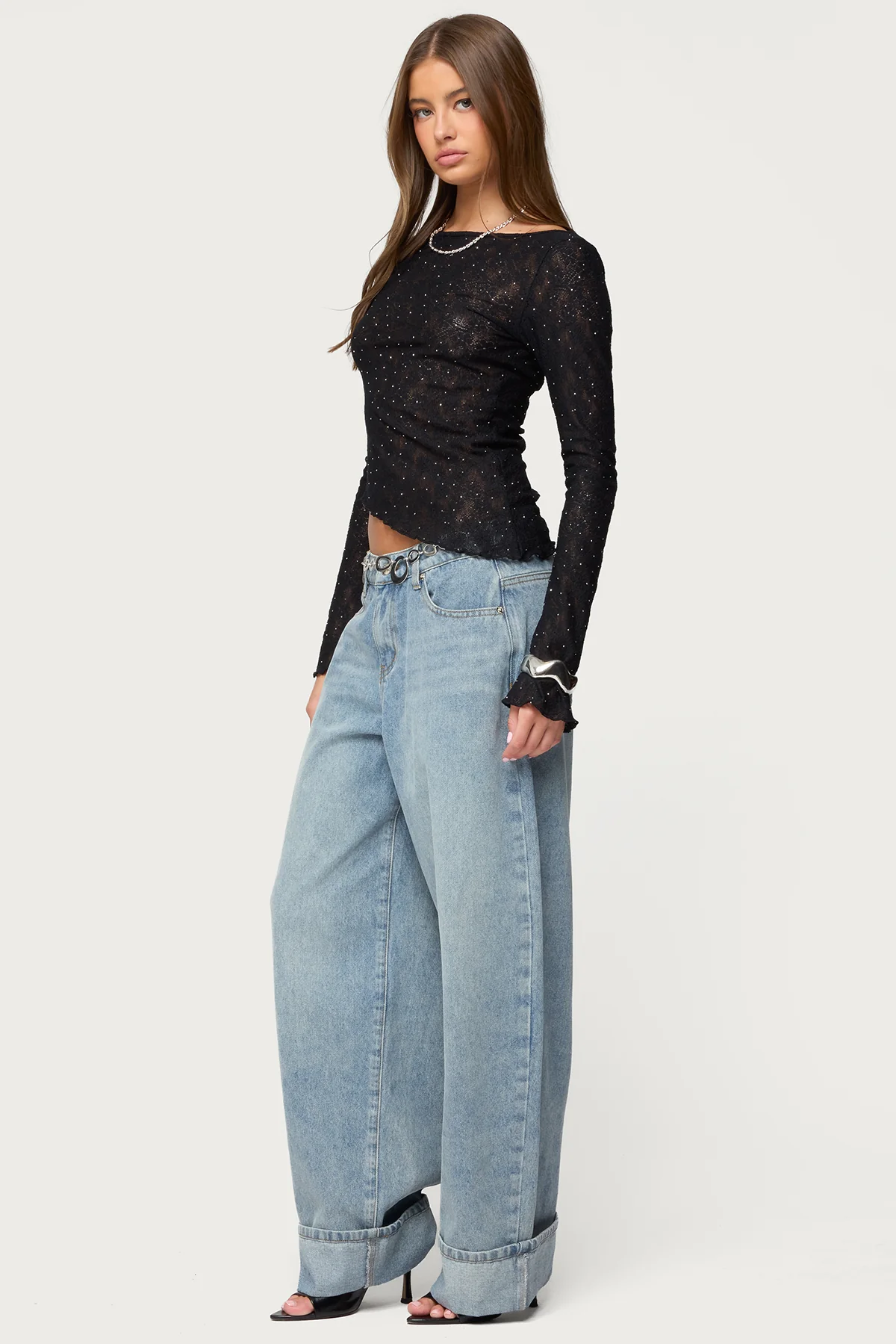 Mare Asymmetric Gem Sheer Lace Top - Image 4