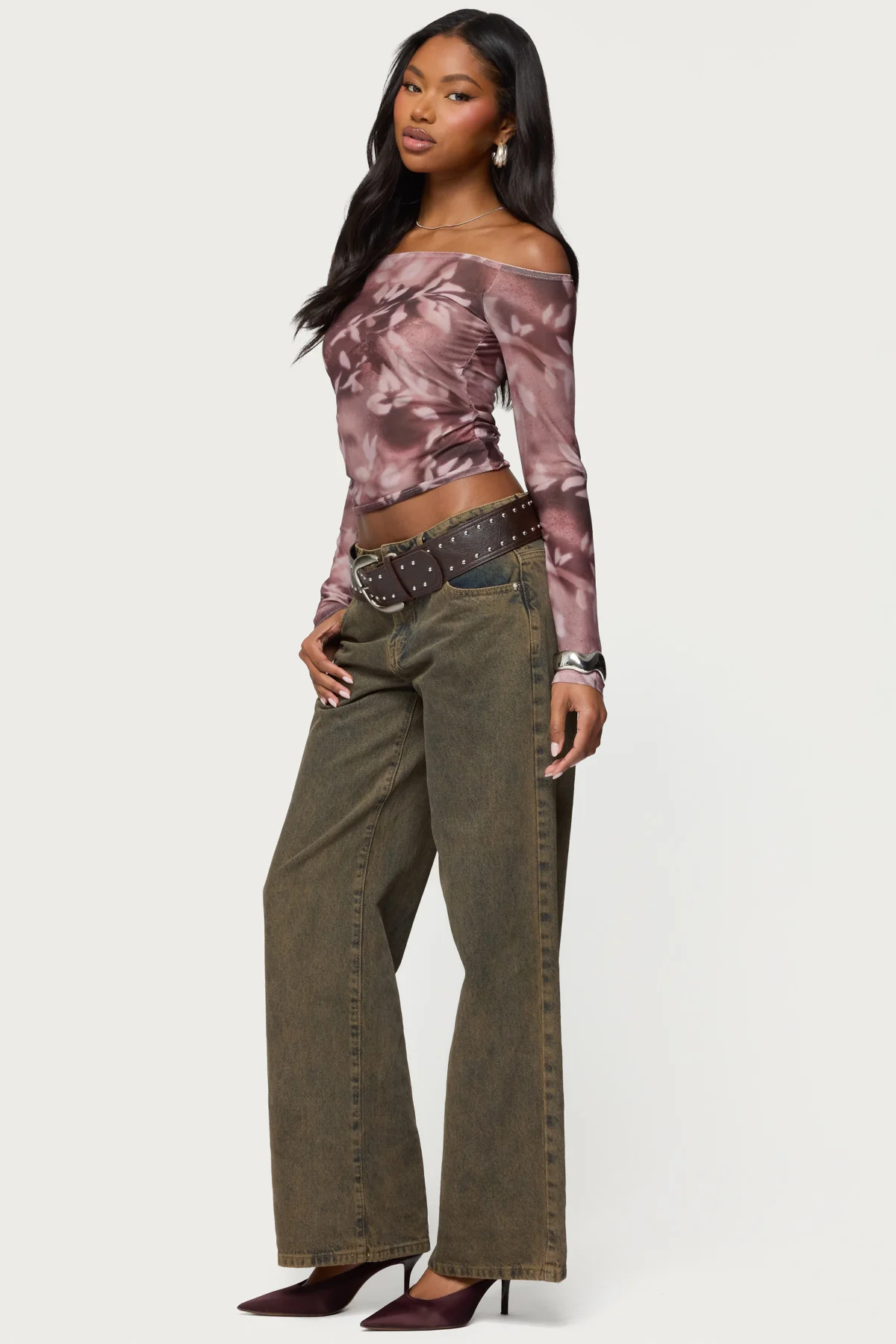 Off Shoulder Printed Sheer Mesh Top - Image 4