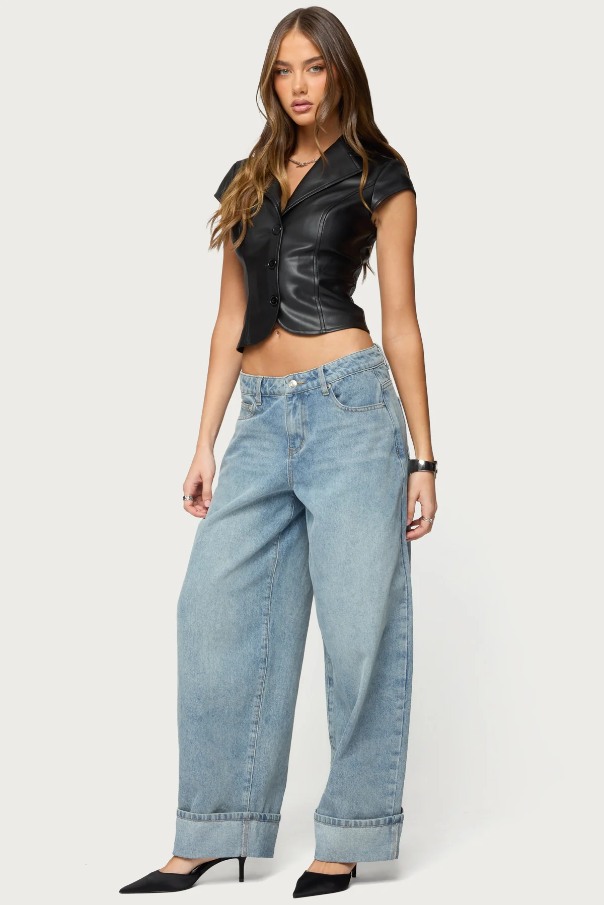 Faux Leather Tailored Button Up Top - Image 4
